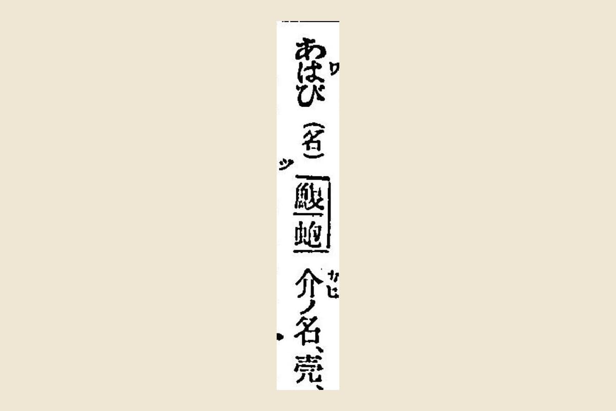 『言海』コマ82の見出し「あはび（名）」と、枠で囲んだ「鰒」「蚫」の大写し