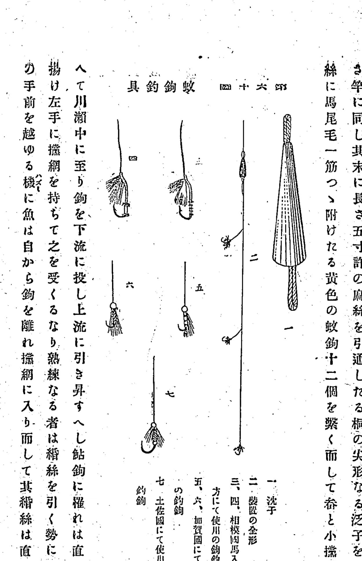 『日本水産捕採誌』第五、第六十四図「蚊鉤釣具」。羽根を巻いた小さな鉤が並ぶ