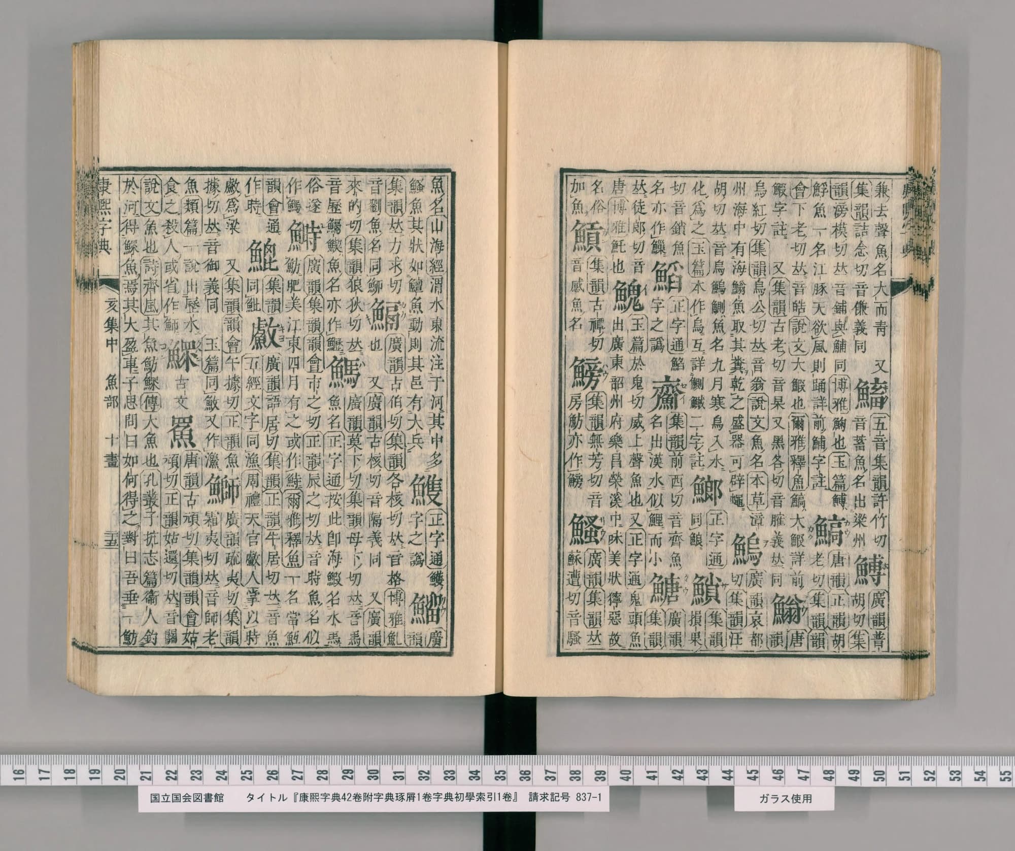 『康熙字典』魚部コマ27の見開き。左ページの右端の列の下に見出しの字「鰡」