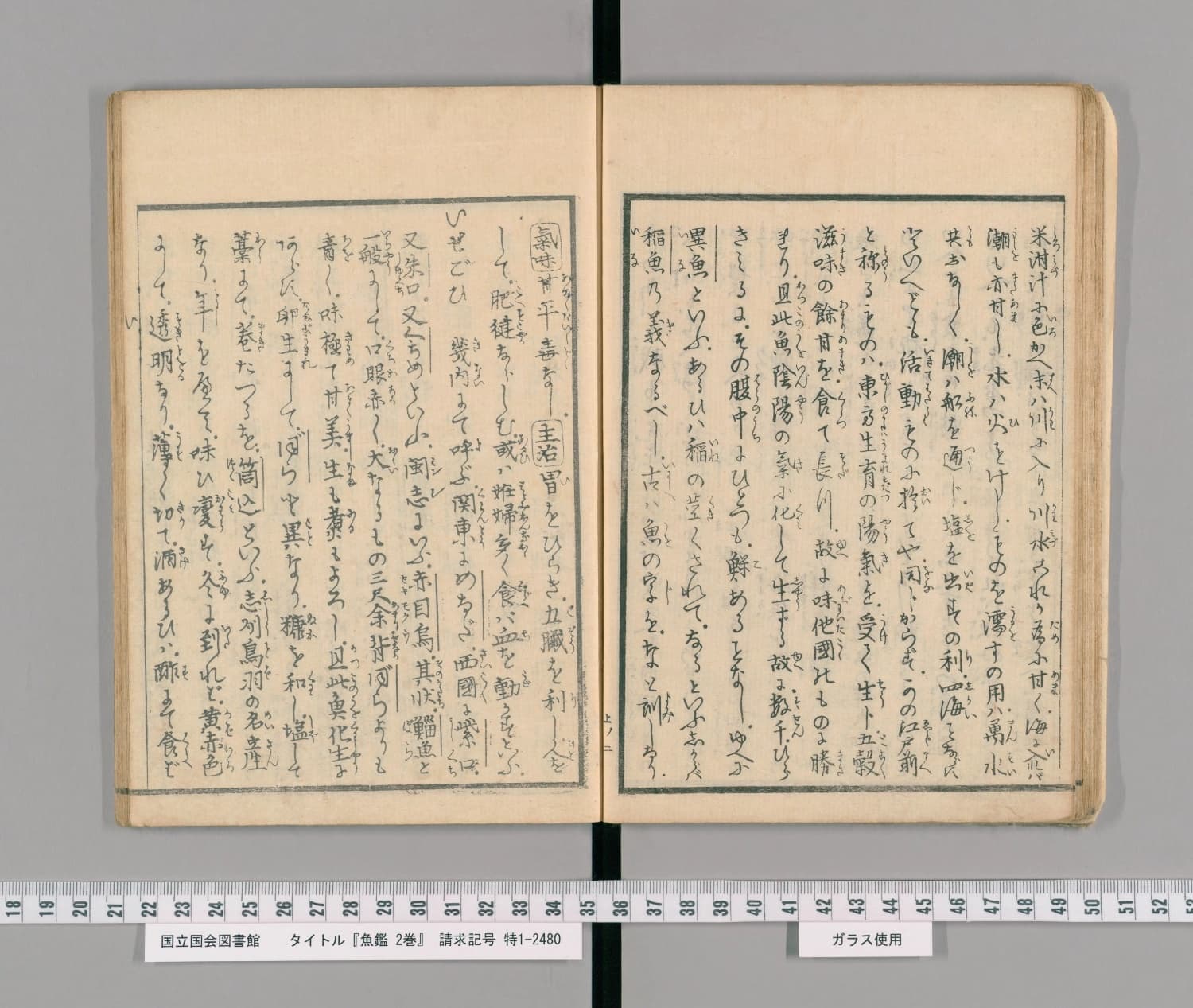 『魚鑑』巻之上コマ20の見開き。左ページの3列目から次の項「いせごひ」が始まる