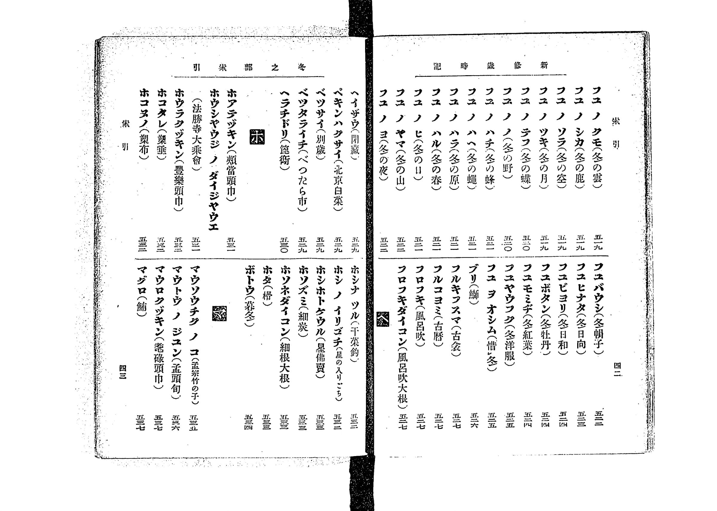 『新脩歳時記』冬の部コマ23の索引の見開き。左ページ下段に「ブリ（鰤）」「フルキフスマ（古衾）」と並ぶ