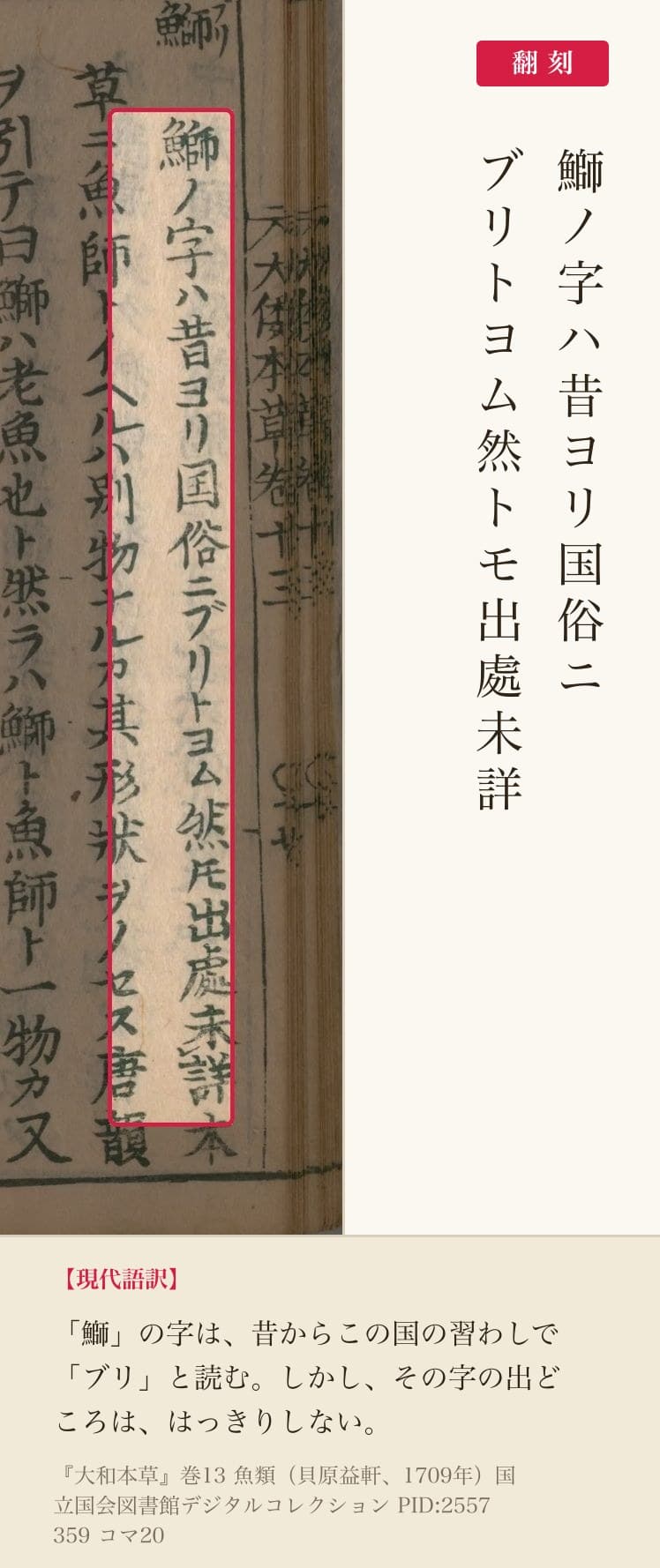 『大和本草』鰤の項「鰤ノ字ハ昔ヨリ国俗ニブリトヨム然トモ出處未詳」の赤枠注釈と翻刻（PID2557359 コマ20）