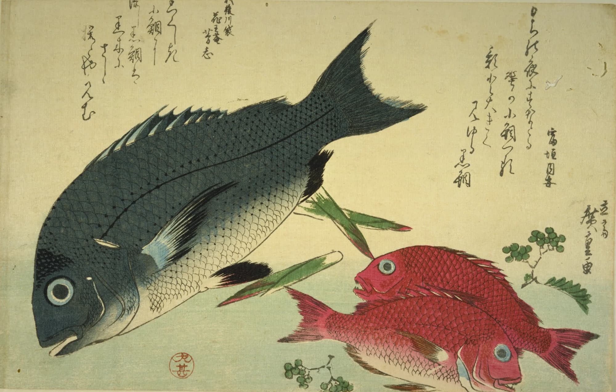 歌川広重の魚づくしの一枚。大きな黒鯛1尾と赤い小鯛2尾、山椒の枝。上に狂歌が2首