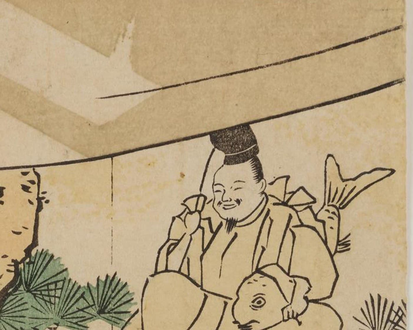 鳥高斎栄昌の錦絵「恵比寿講」の部分。烏帽子をかぶった恵比寿の像が目を細めて笑い、片腕に大きな鯛を抱えている