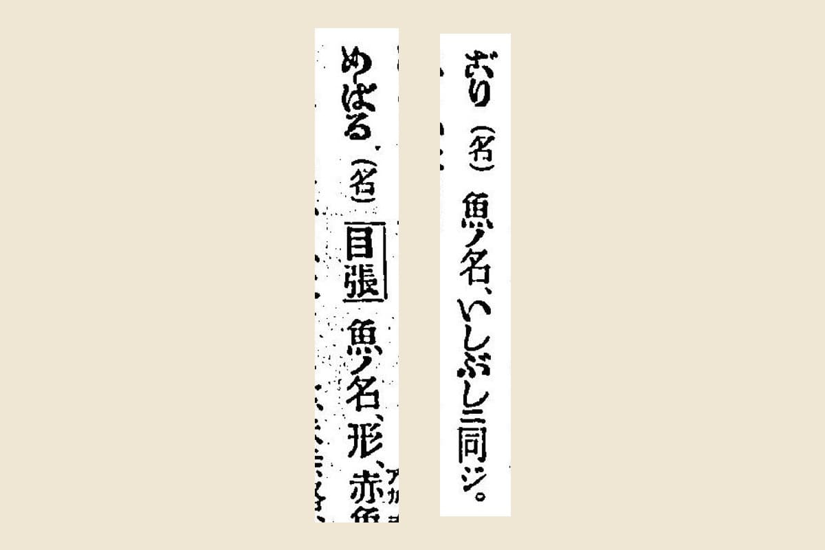 『言海』の見出し「ごり（名）魚ノ名、いしぶしニ同ジ」と「めばる（名）目張」の大写し