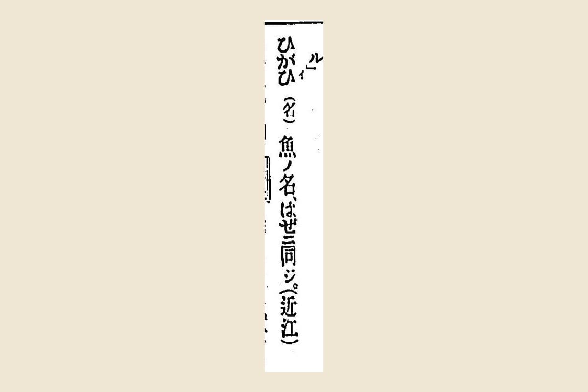 『言海』コマ501の「ひがひ（名）魚ノ名、はぜニ同ジ。（近江）」の大写し