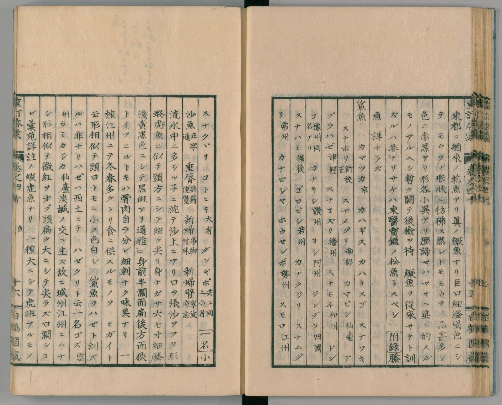 『重訂本草綱目啓蒙』コマ19の見開き。右ページの中ほどに見出し「鯊魚」、左ページの中ほどの列に「ヒガイ」の字