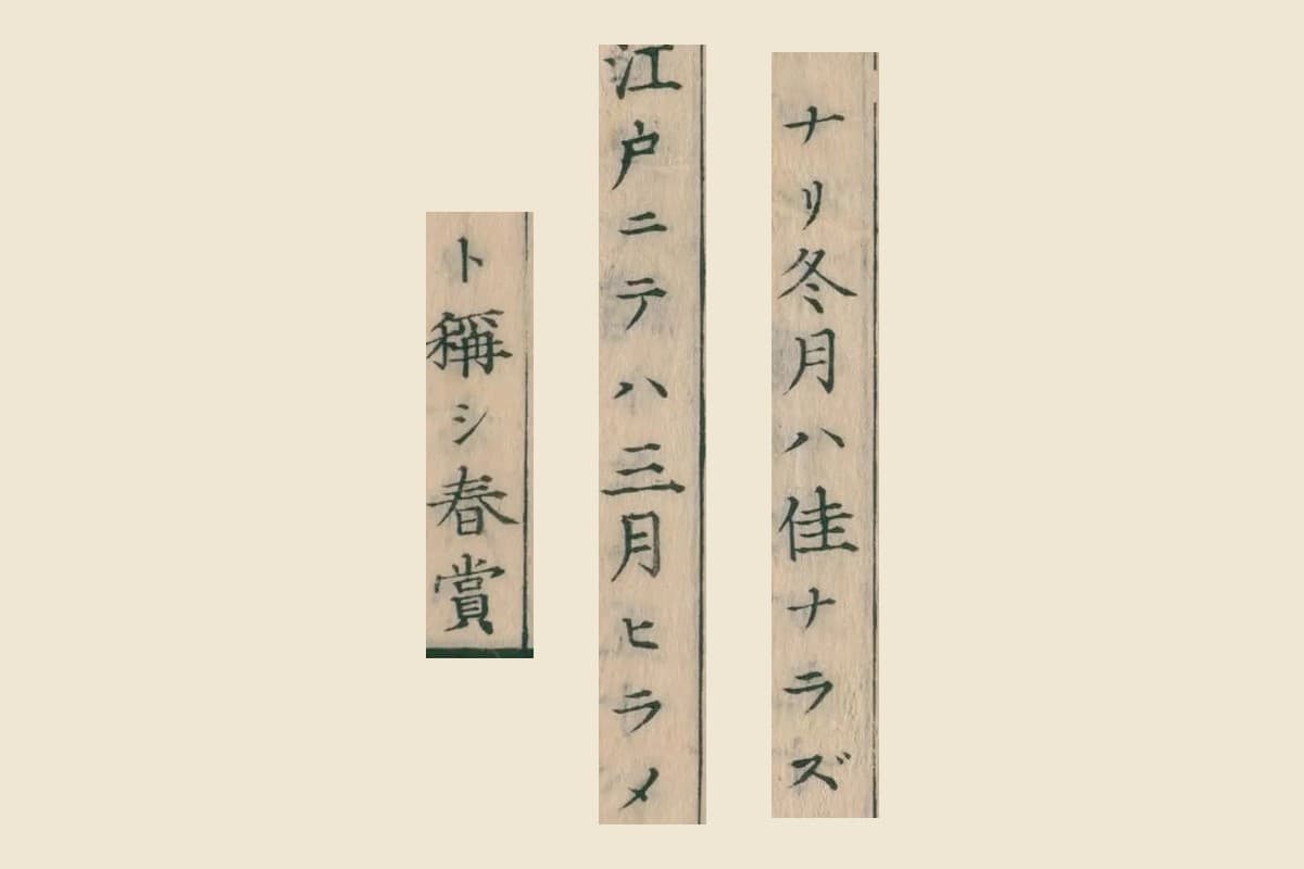 『重訂本草綱目啓蒙』コマ47の「ナリ冬月ハ佳ナラズ」「江戸ニテハ三月ヒラメ」「ト稱シ春賞」の大写し