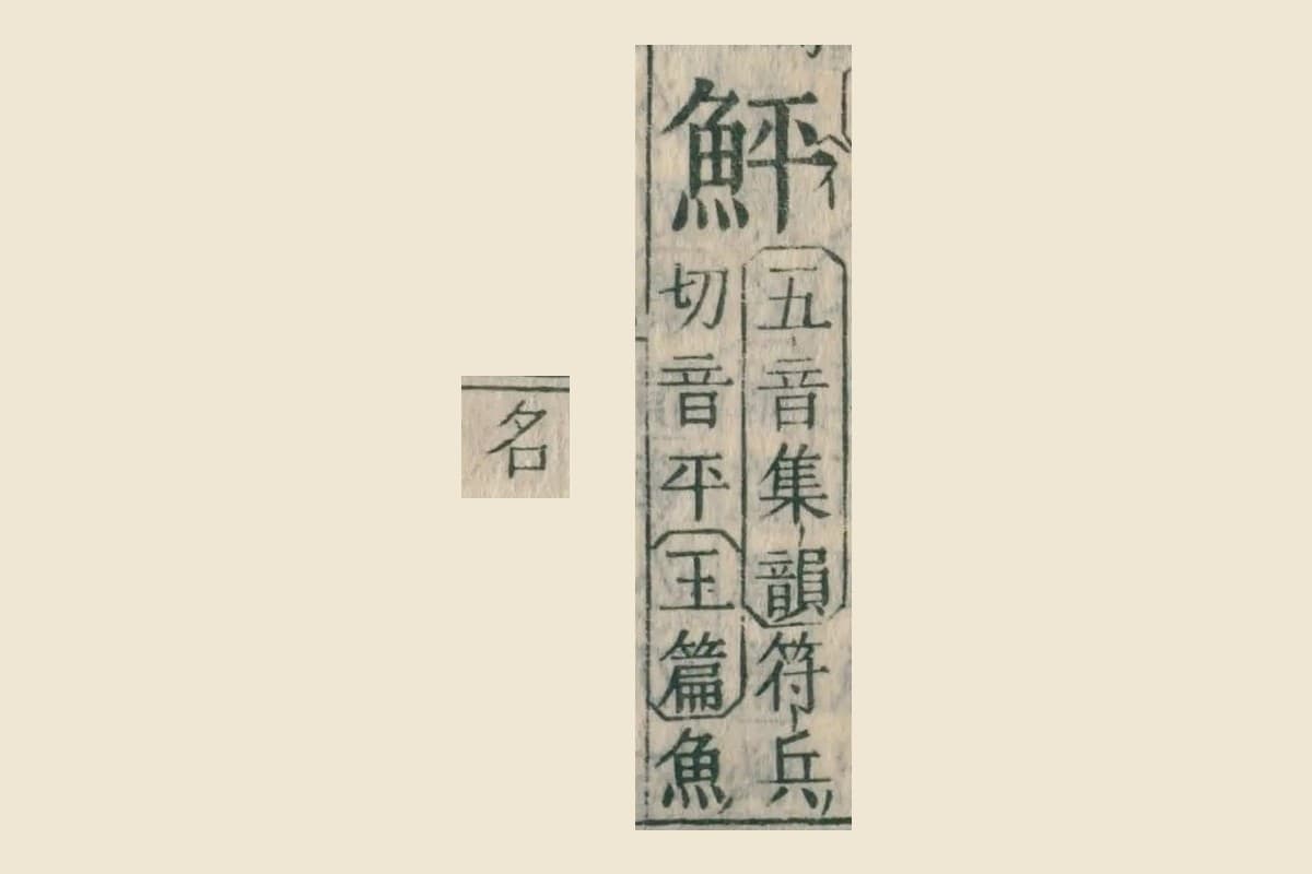 『康熙字典』の見出し「鮃」と注「五音集韻 符兵切 音平 玉篇 魚」、次のコマの頭の「名」の大写し