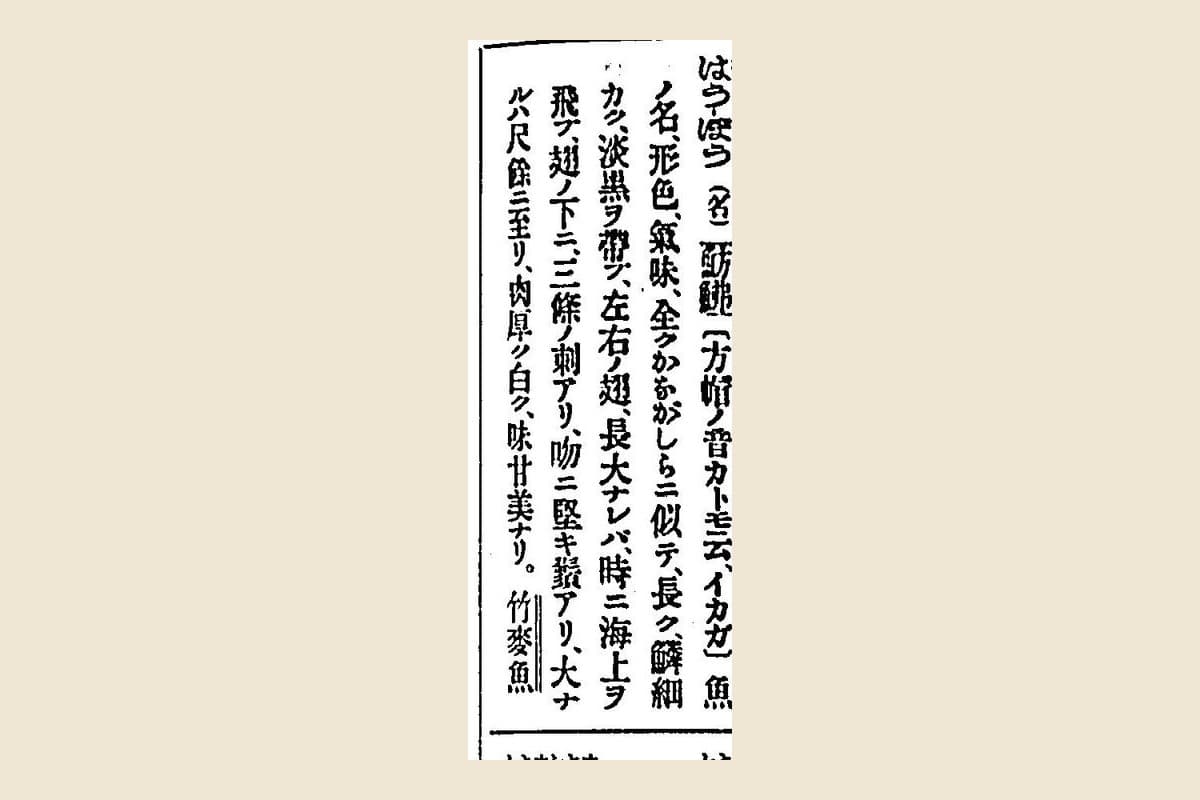 『言海』コマ478の「はうぼう（名）魴鮄」の項の大写し