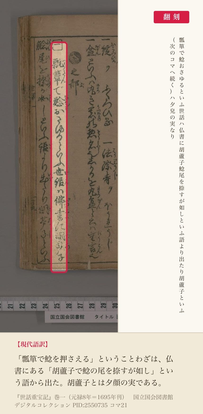 『世話重宝記』コマ21の「瓢箪で鯰おさゆるといふ世話は仏書に胡蘆子鯰尾を捺すが如しといふ語より出たり」の列と翻刻