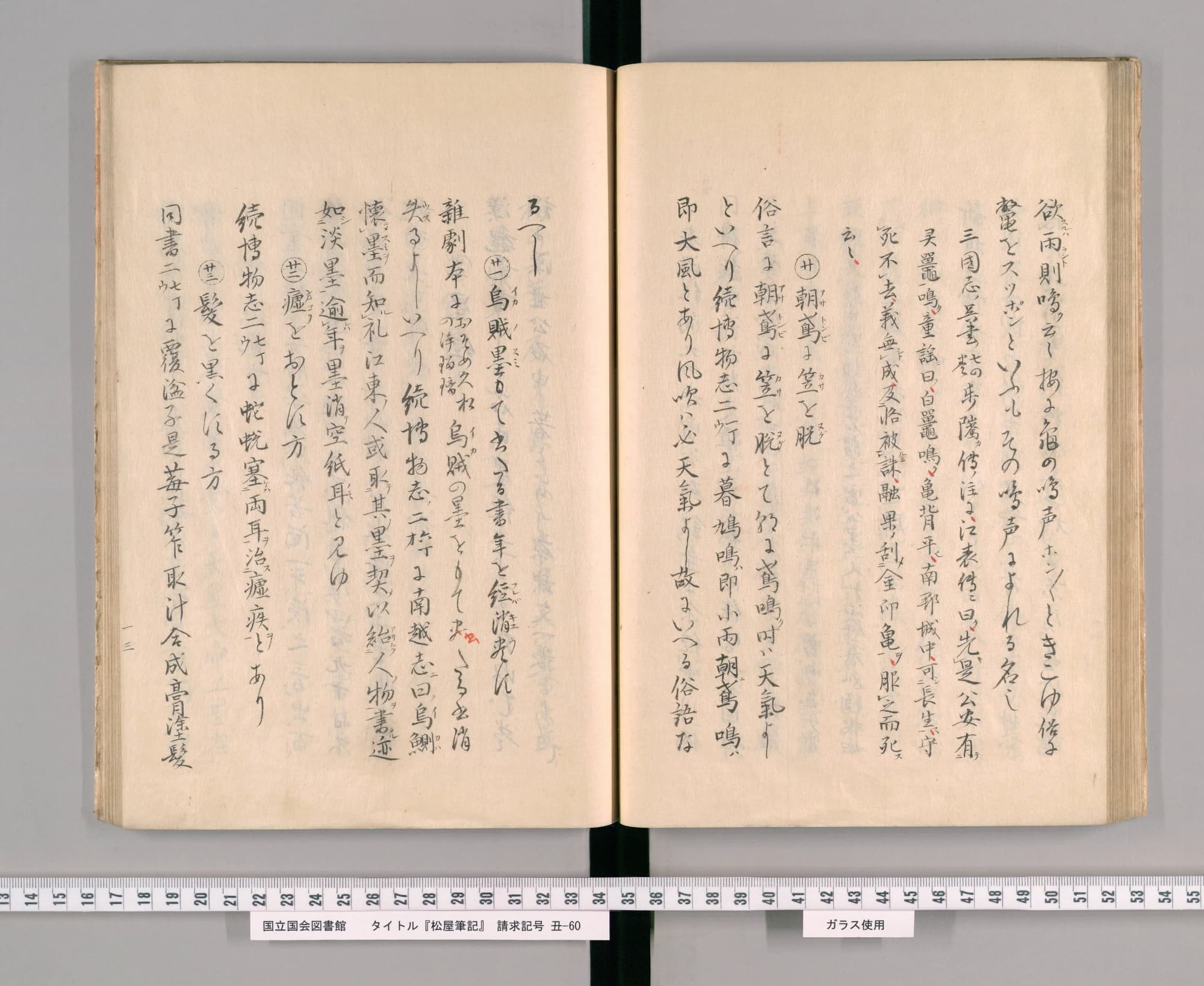 『松屋筆記』コマ81の見開き。写本の細かい字が並び、左ページに丸数字の項目が続く