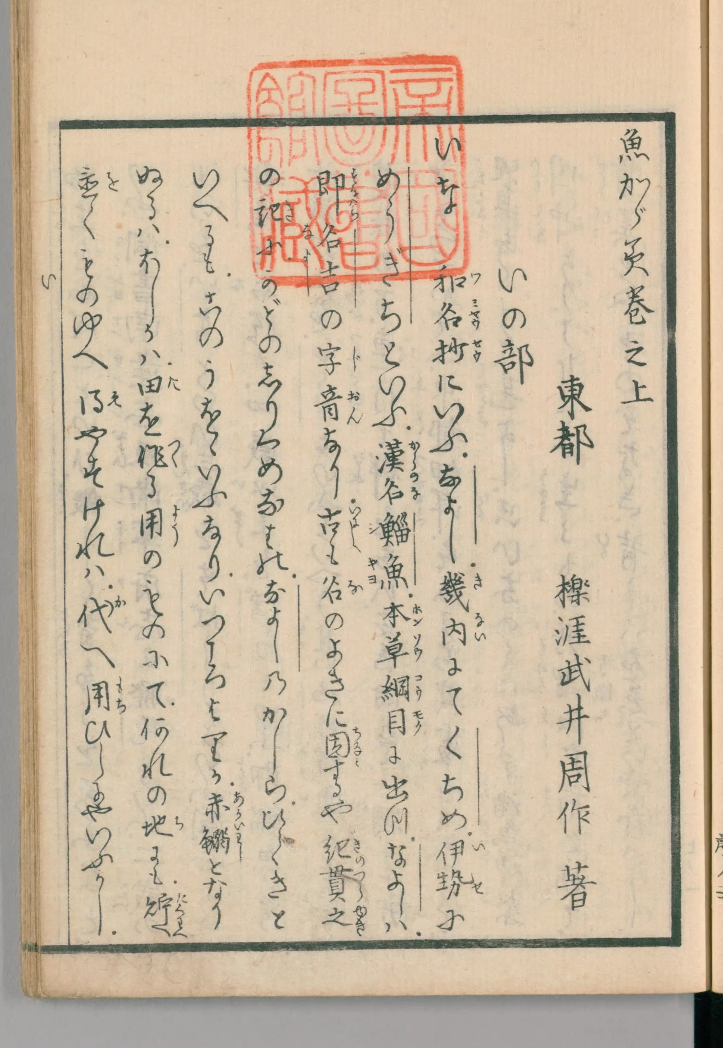 『魚鑑』巻之上の巻頭ページ。「魚かゞみ巻之上　東都　櫟涯武井周作著」に続いて「いの部」「いな」と始まる