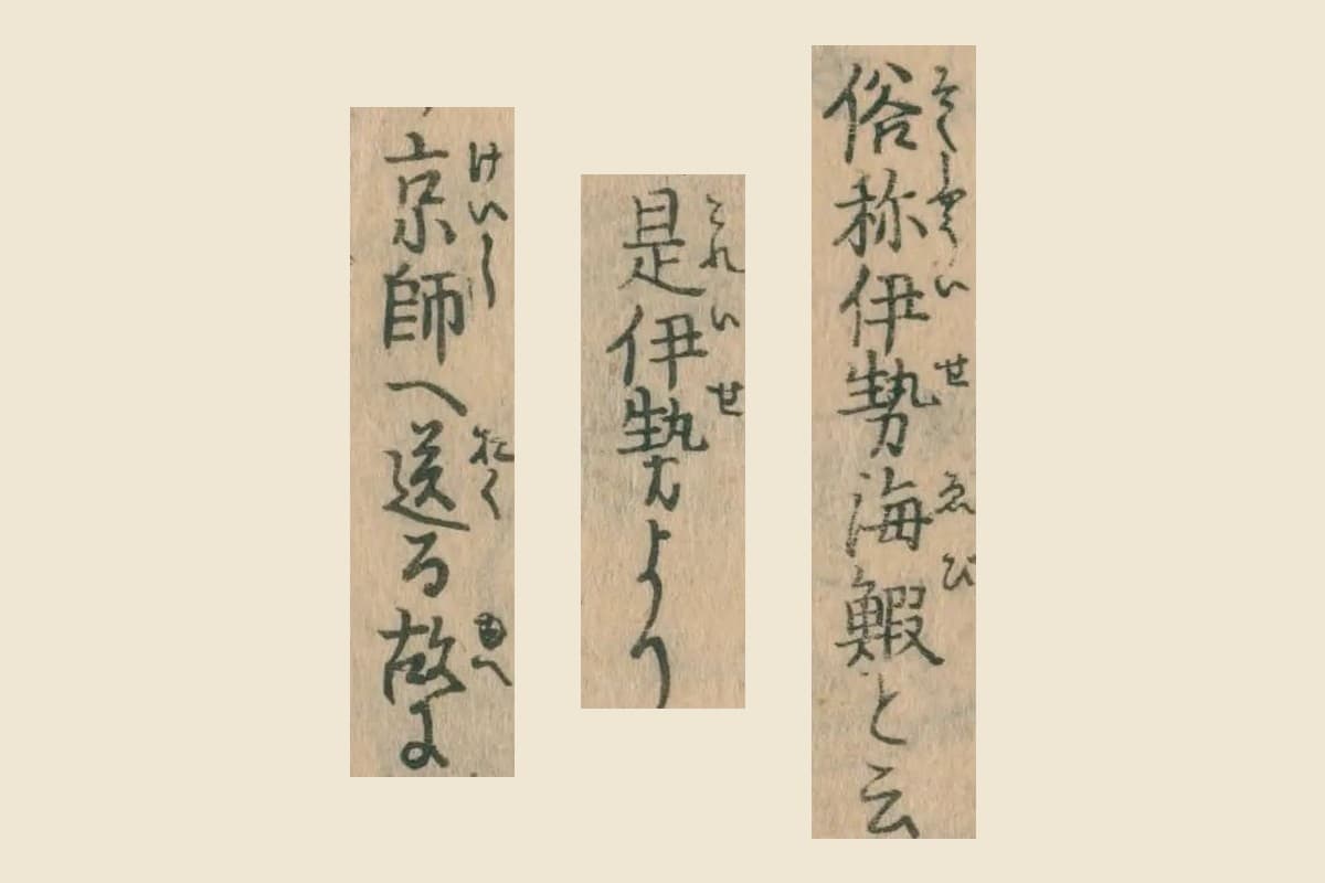 『日本山海名産図会』巻之三「海鰕」の「俗称伊勢海鰕と云」「是伊勢より」「京師へ送る故に」の大写し
