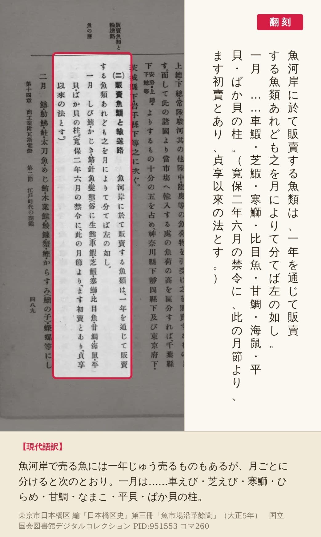 『日本橋区史』第三冊コマ260の「魚河岸に於て販賣する魚類は」から「一月」の欄の終わりまでを赤枠で囲み、翻刻を並べた画像
