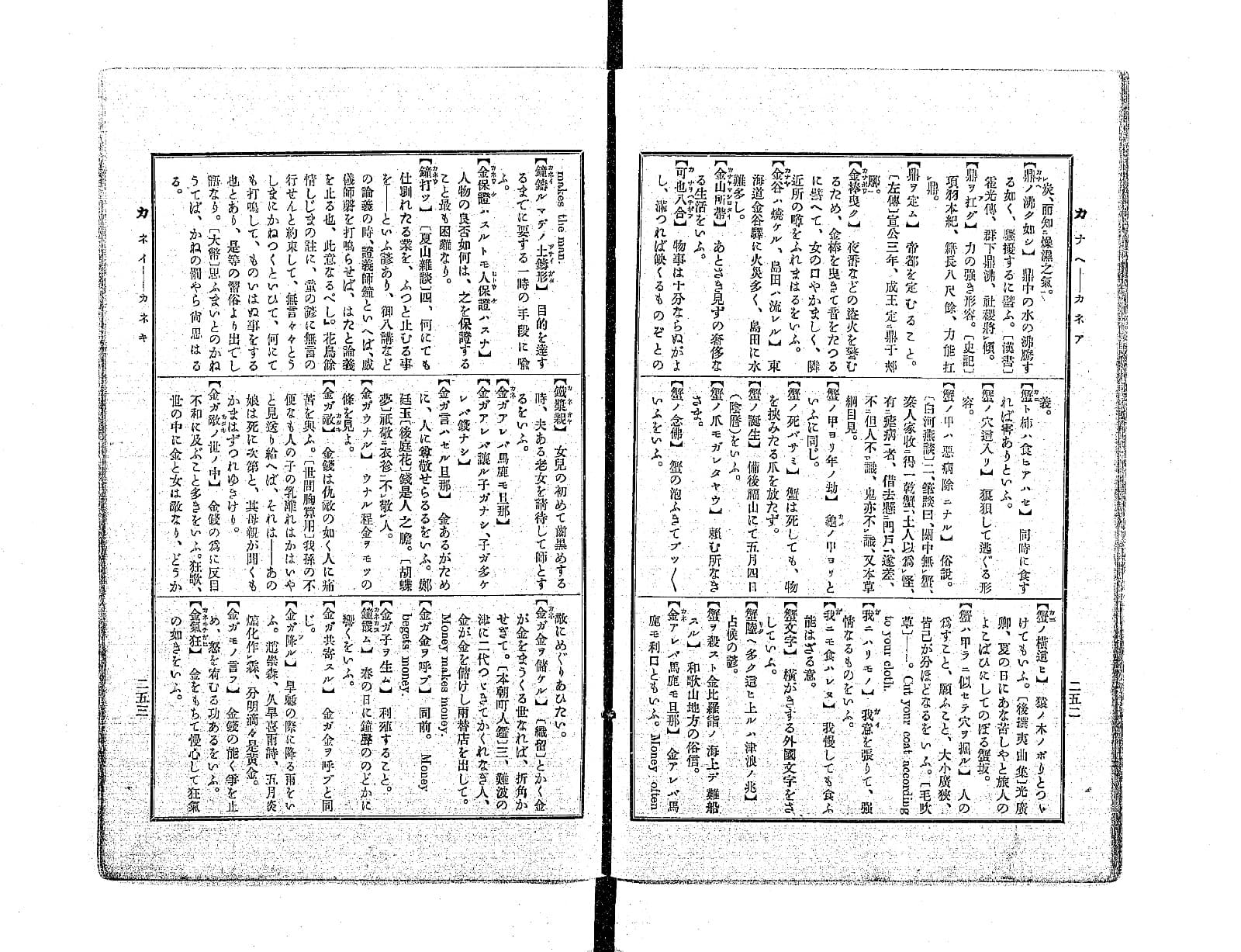 『諺語大辞典』コマ142の見開き。「か」の部のことわざが活字で並び、右ページに「蟹ハ甲ラニ似セテ穴ヲ掘ル」の項がある