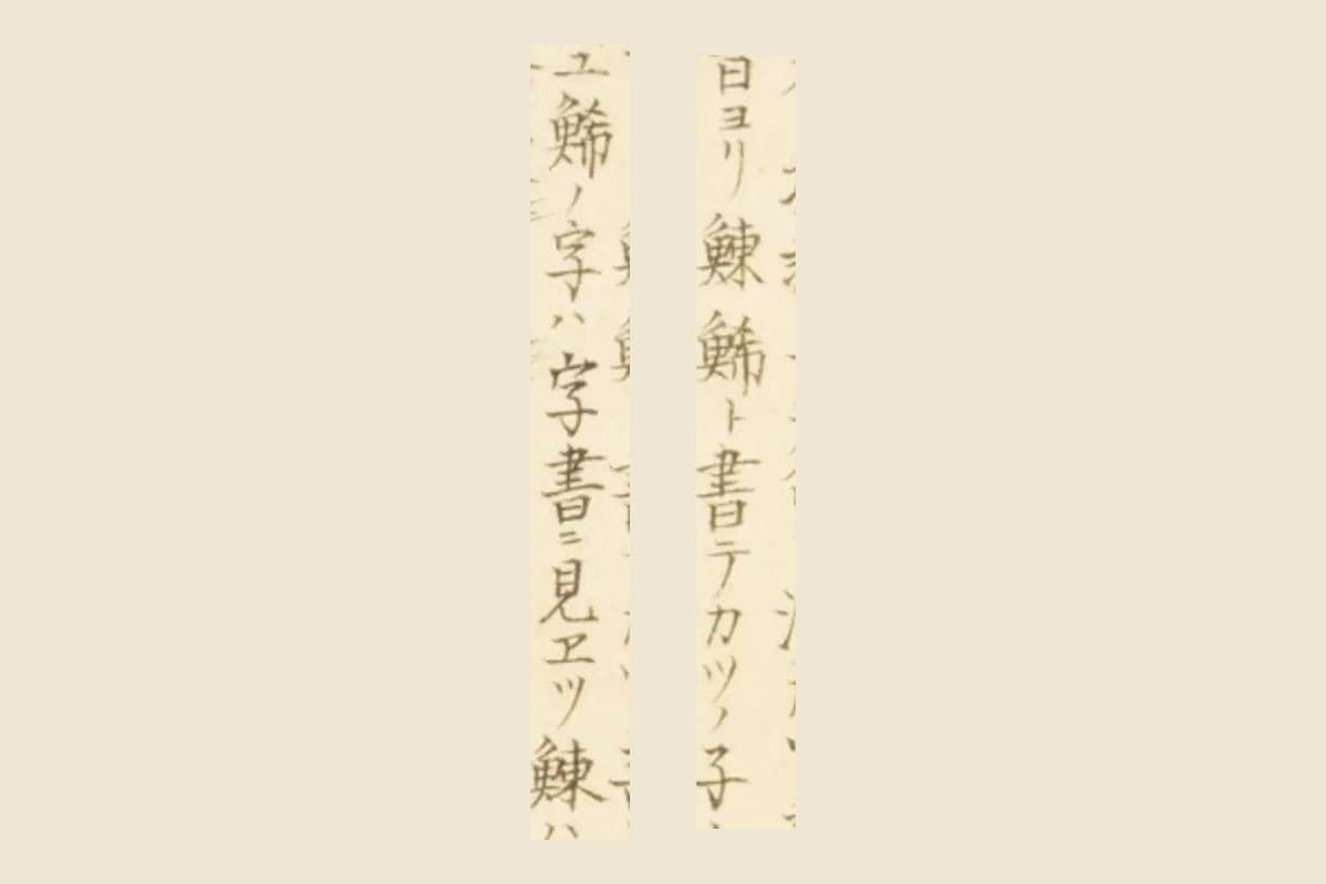 『梅園魚譜』コマ56の書き入れ「ヨリ鰊鯑ト書テカツノ子」と「ユ鯑ノ字ハ字書ニ見エツ」の大写し