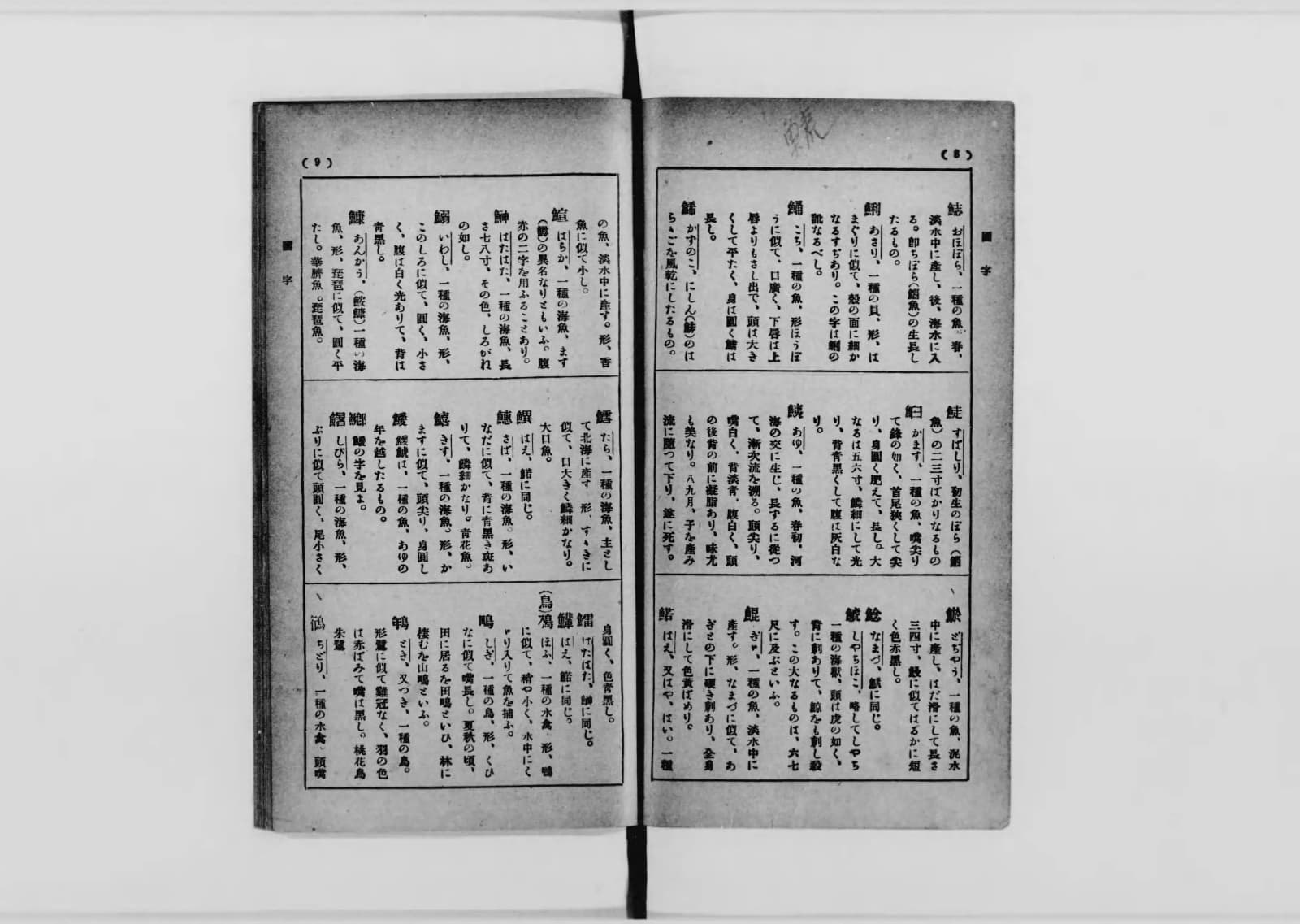 『誤り易き漢字の読み方と正しき用字法』コマ40の見開き。柱に「國字」、魚へんの字が並ぶ