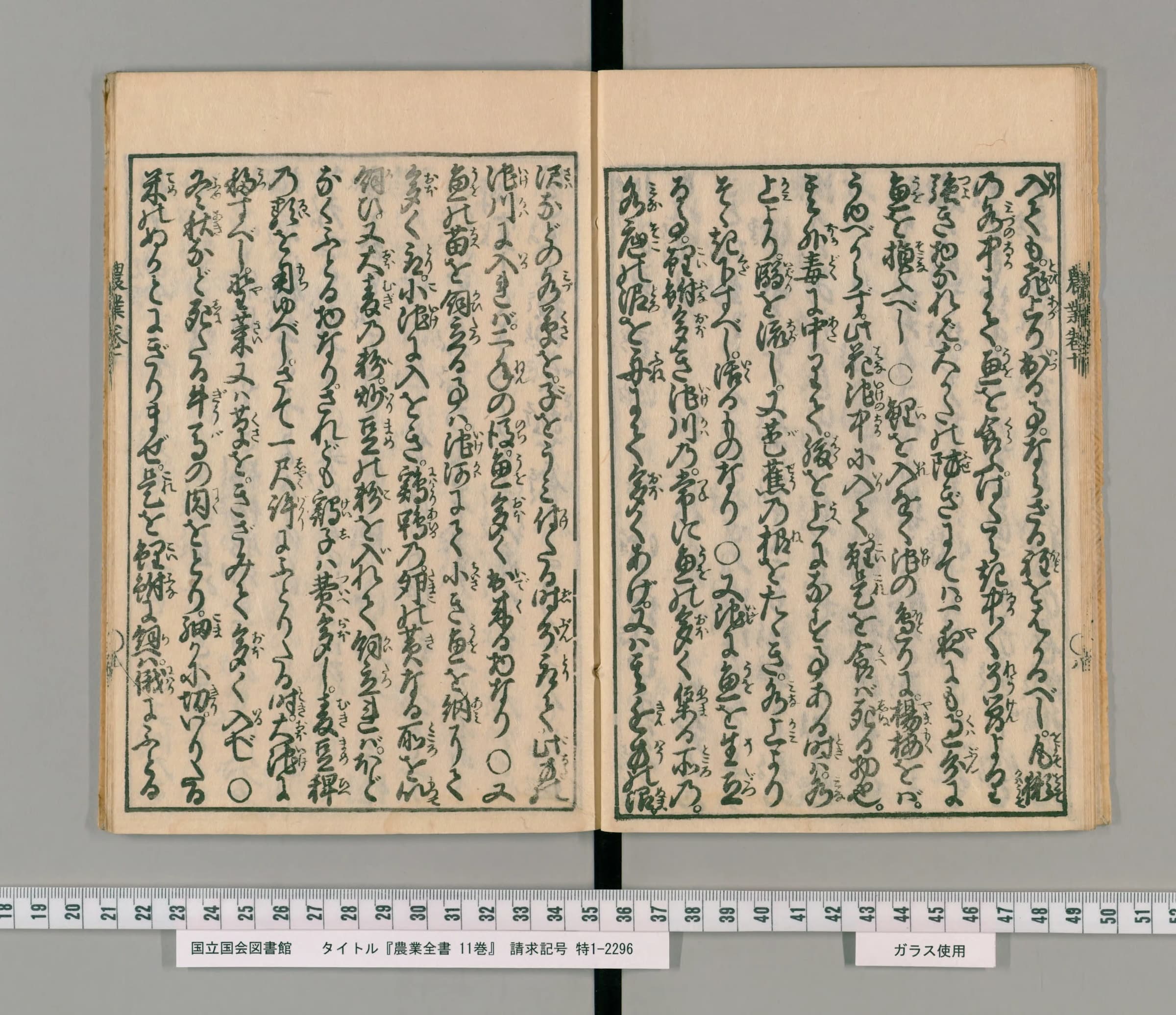 『農業全書』巻十「水畜」の終わりに近い見開き。稚魚の育て方が書かれている