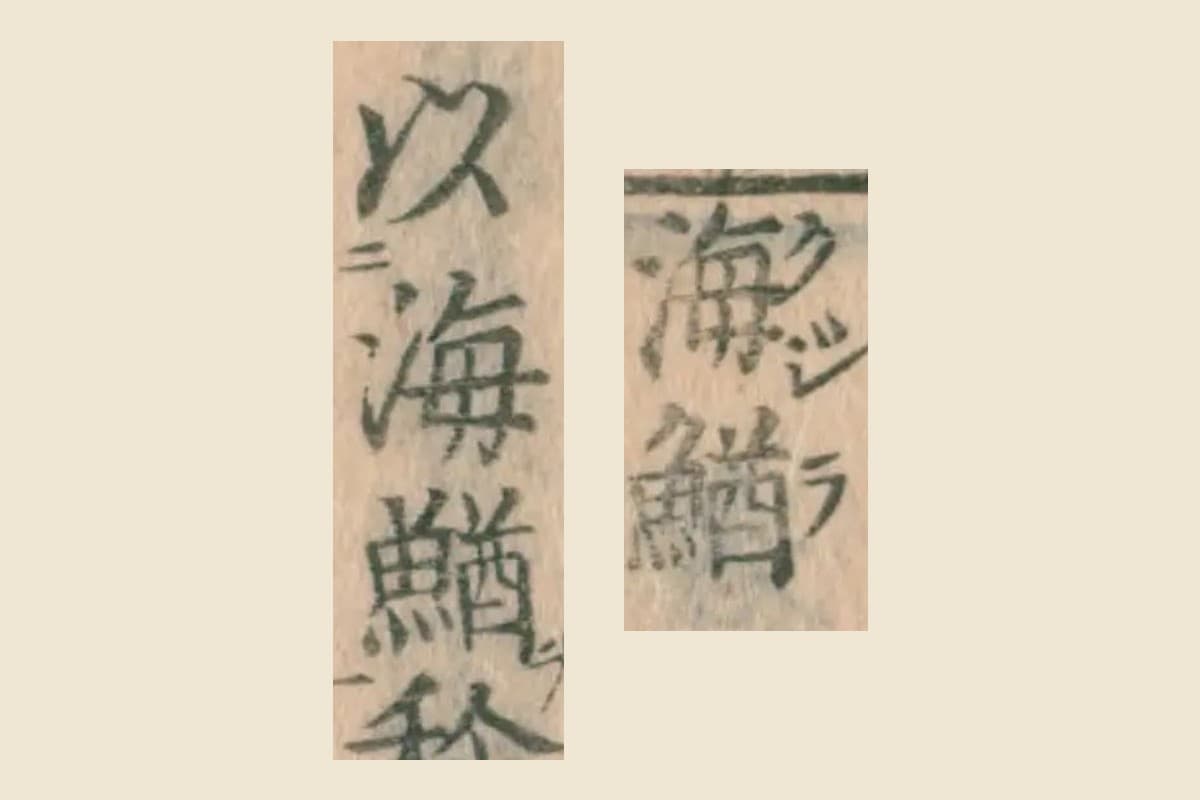 『大和本草』の見出し「海鰌（クジラ）」と本文「以海鰌称（ス）」の大写し