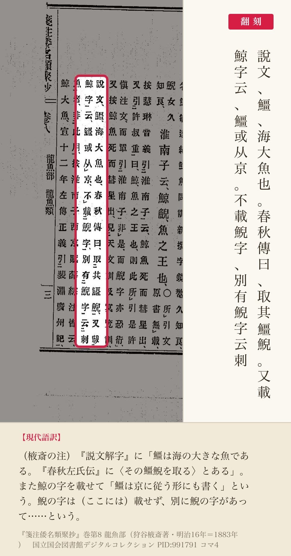 『箋注倭名類聚抄』巻八コマ4の棭斎の注「說文、䲔、海大魚也……又載鯨字云、䲔或从京」の2列と翻刻