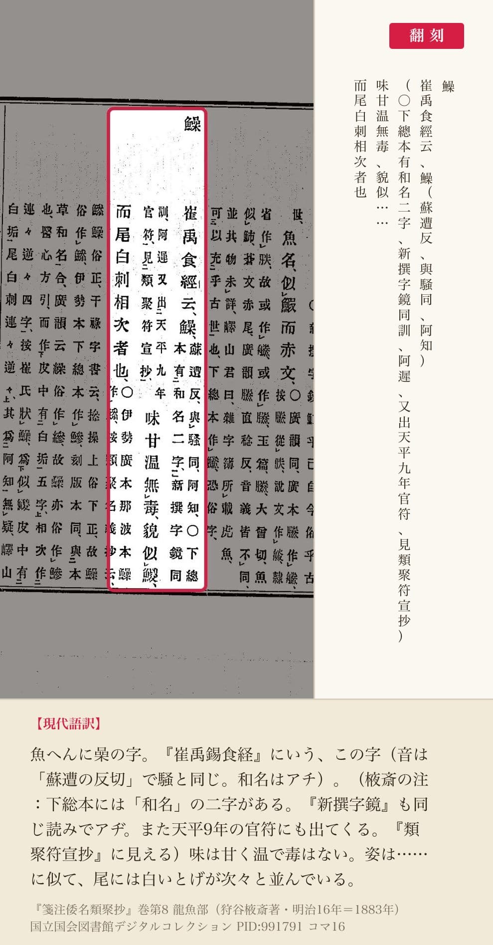 『箋注倭名類聚抄』巻八コマ16の魚へんに喿の項、和名抄の本文と棭斎の注の翻刻