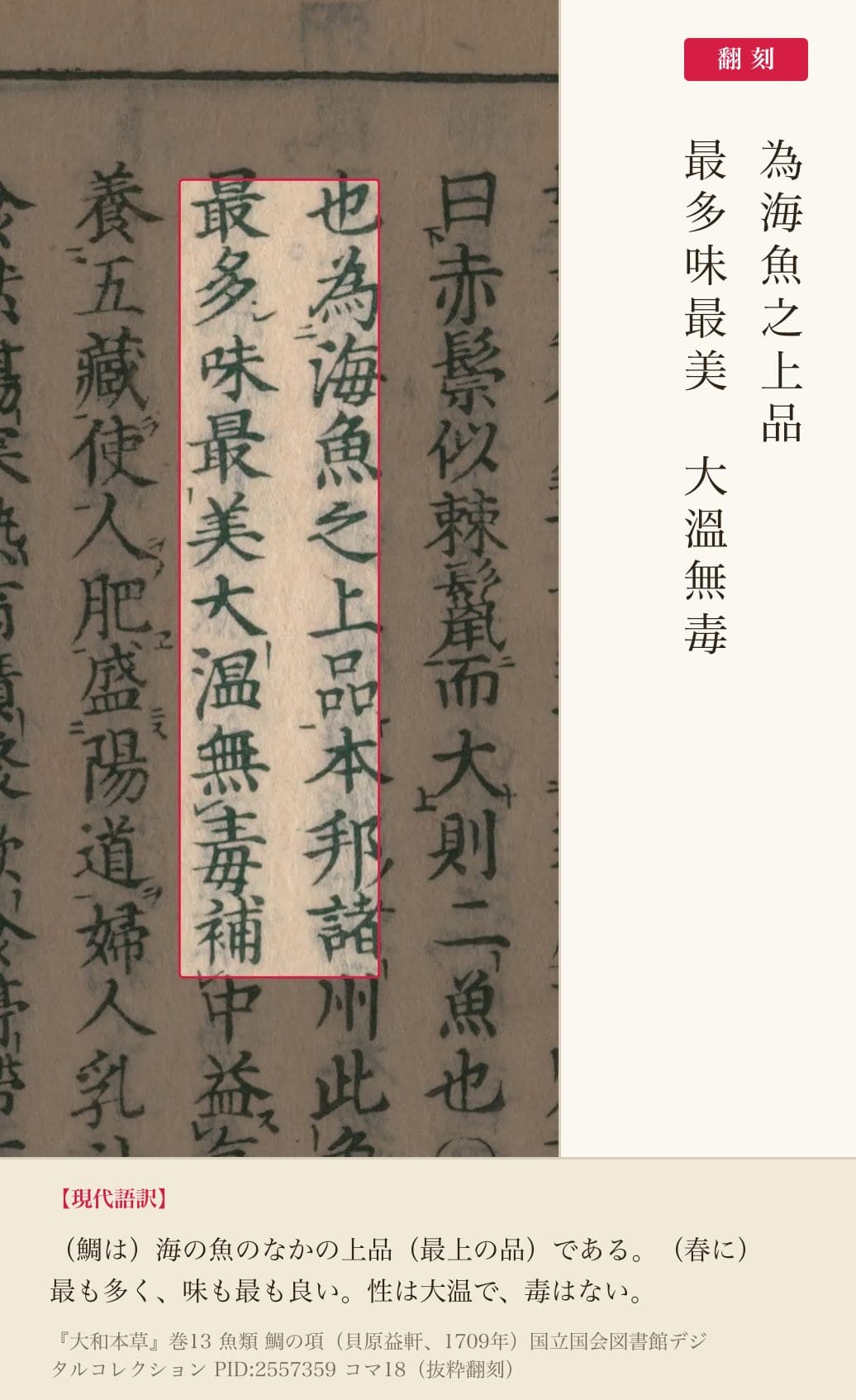 『大和本草』コマ18 鯛の項 翻刻並記（赤枠＝該当箇所）