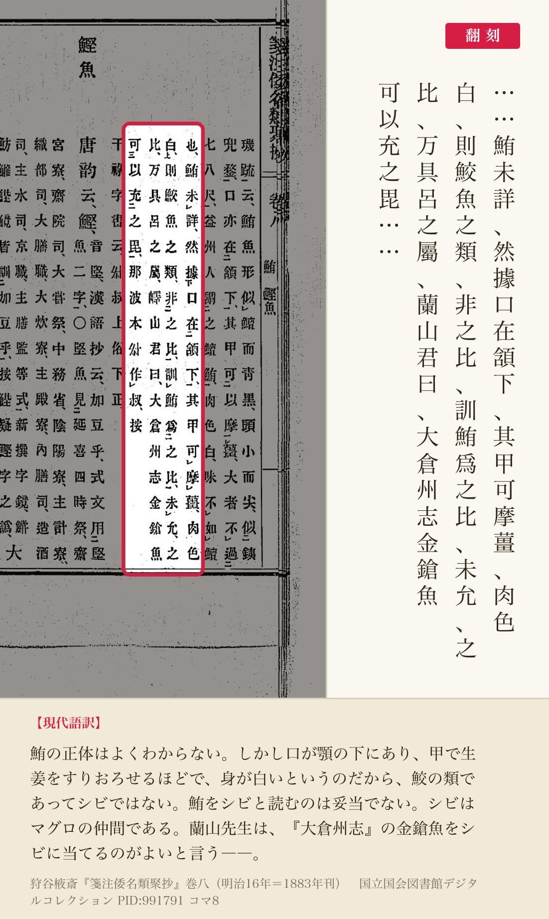 『箋注倭名類聚抄』巻八コマ8の「則鮫魚之類、非之比、訓鮪爲之比、未允」の4列と翻刻