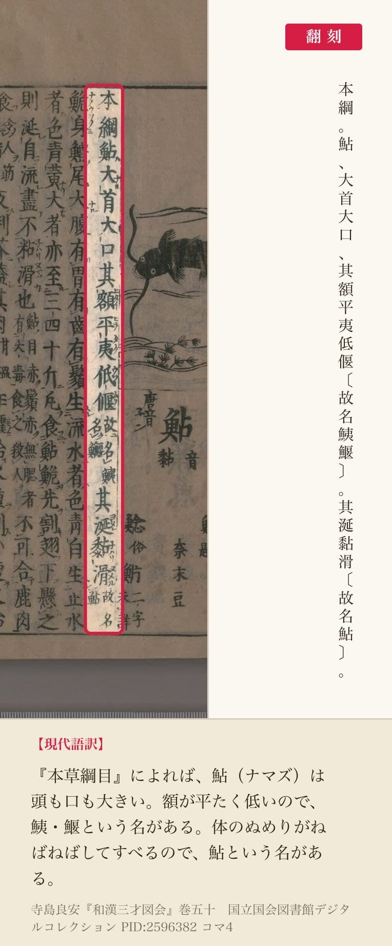 『和漢三才図会』コマ4の「本綱鮎大首大口其額平夷低偃」から「其涎黏滑故名鮎」までの1列と翻刻