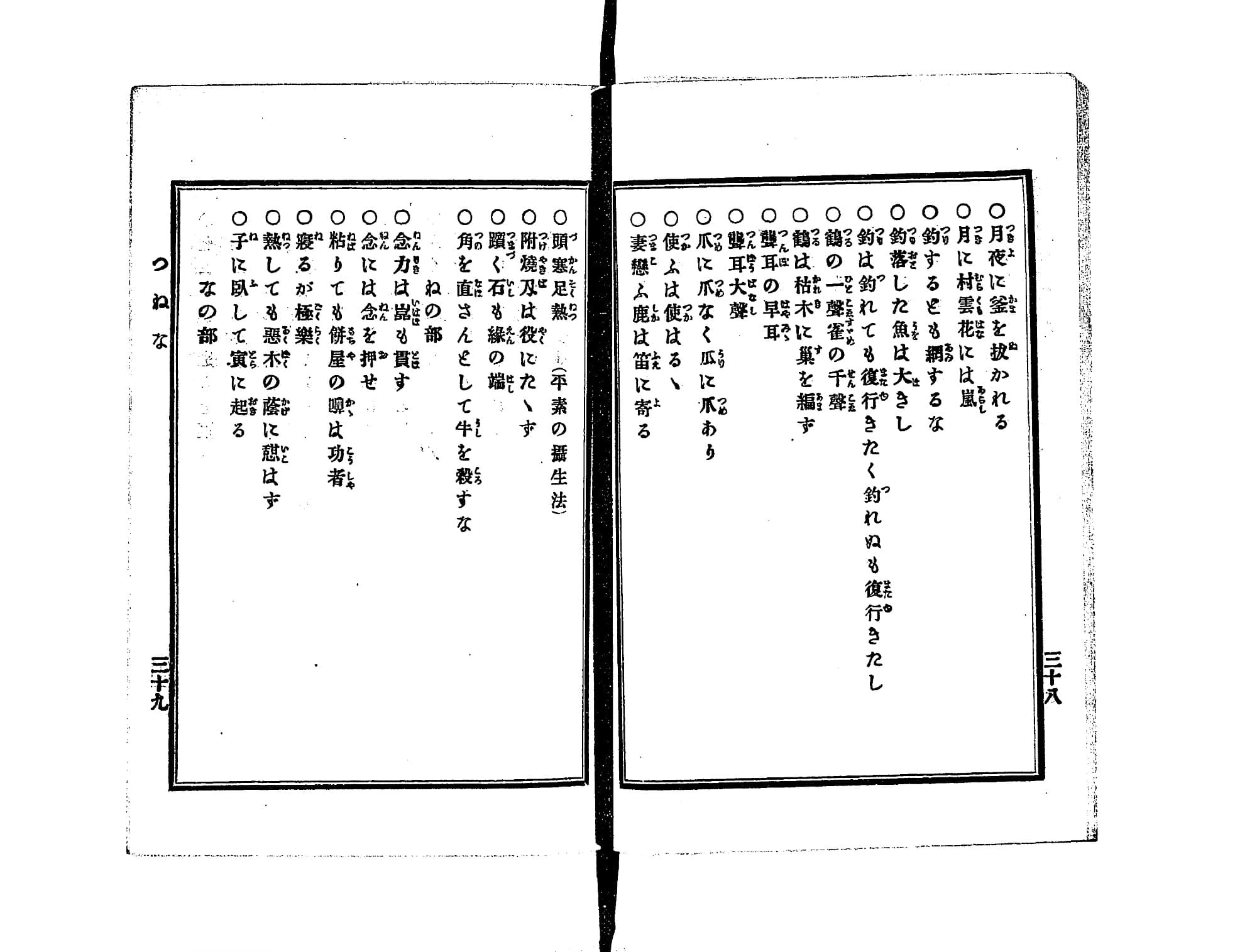 『古今俚諺類聚』コマ23の見開き。○印のついたことわざが活字で縦に並ぶ