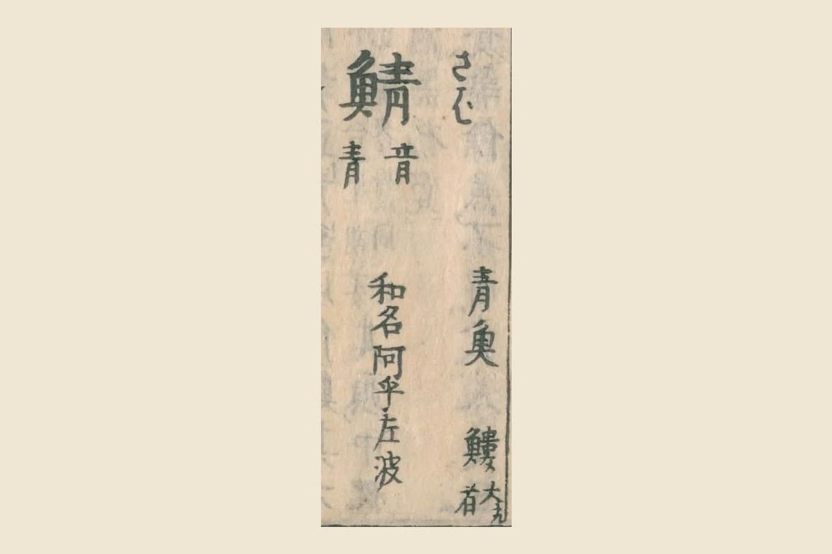 『和漢三才図会』の見出し「鯖（さば）音青」と「青魚」「和名阿乎左波」の大写し