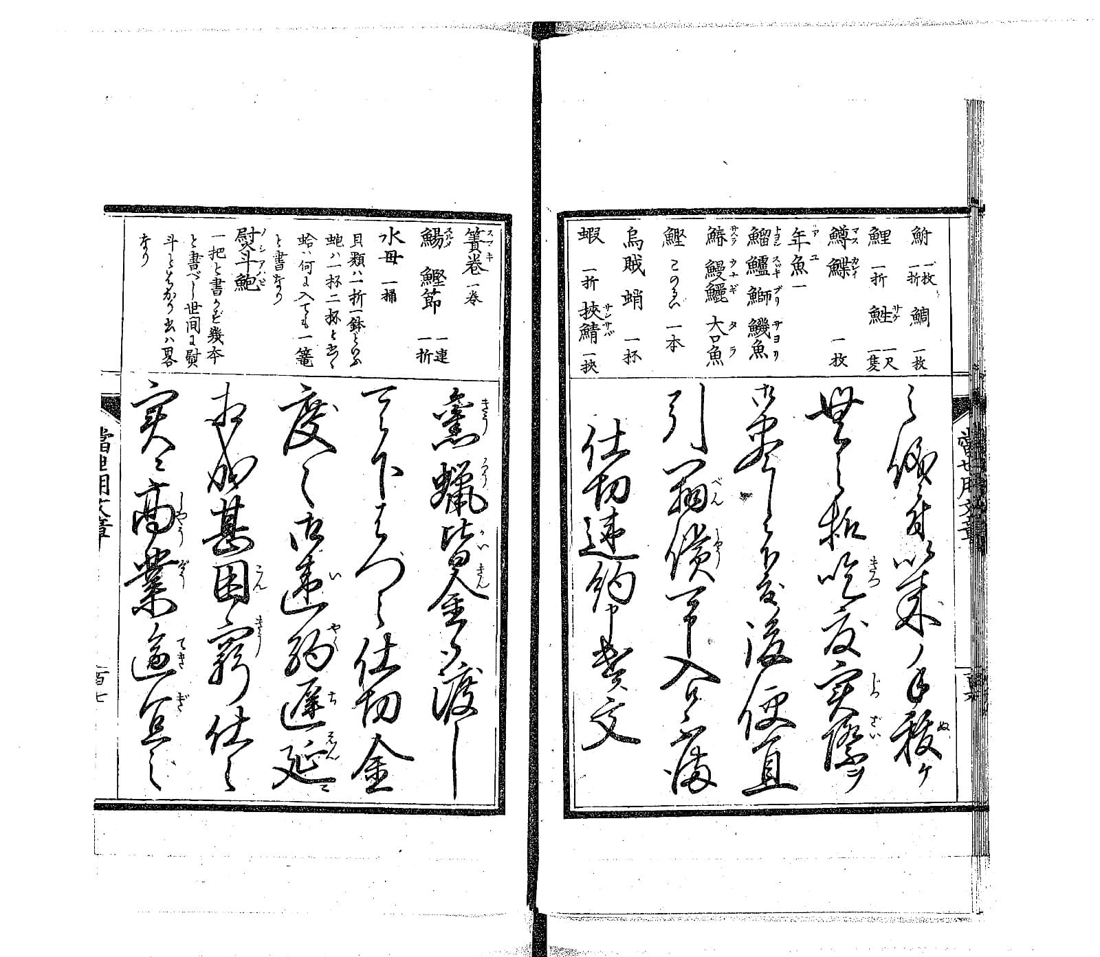 『頭書 当世用文章』巻之二コマ52の見開き。下の段に大きなくずし字の手紙の文例、上の細い段に魚の名前が並ぶ