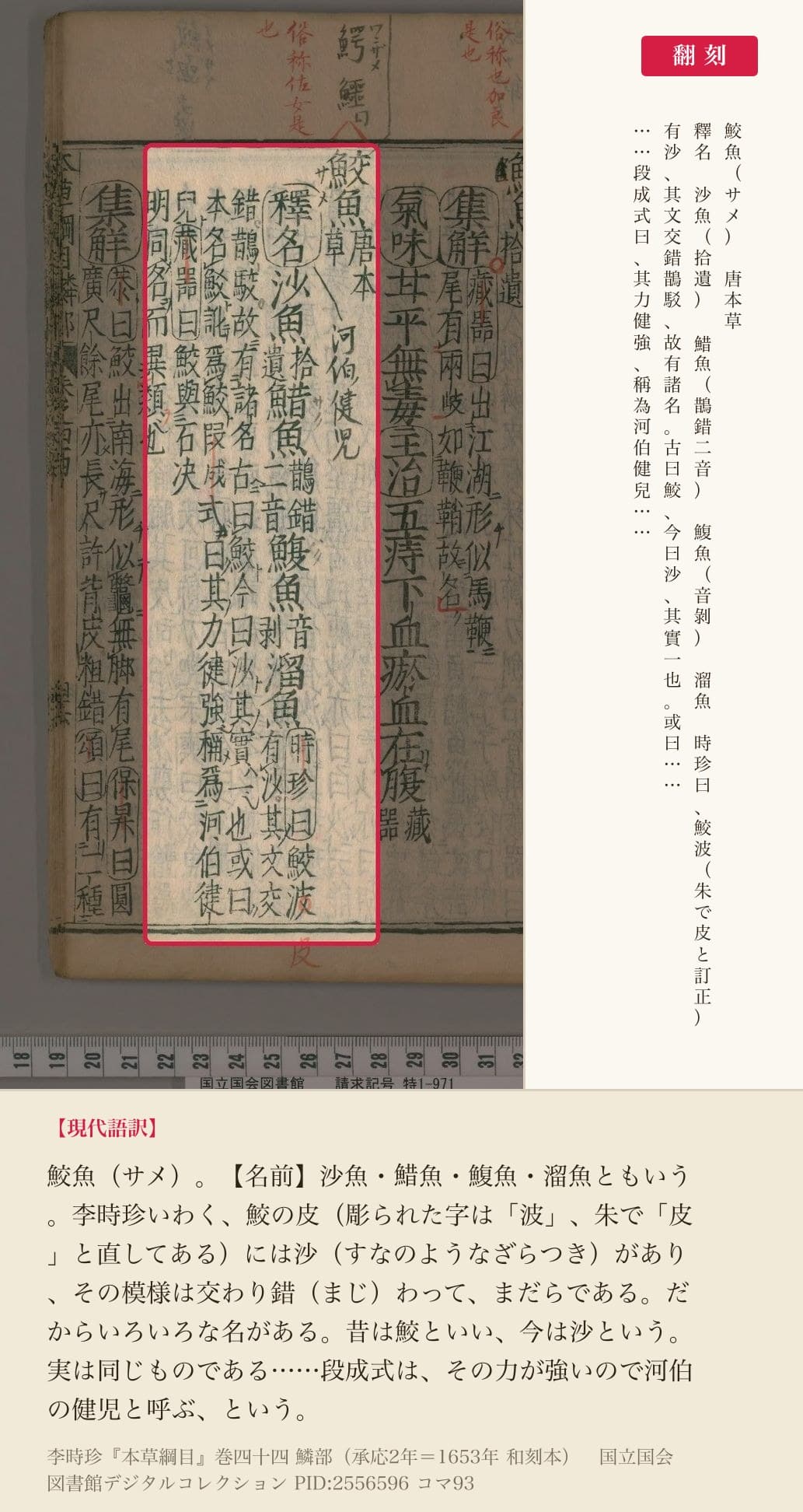『本草綱目』巻四十四コマ93の鮫魚の見出しと釈名の翻刻
