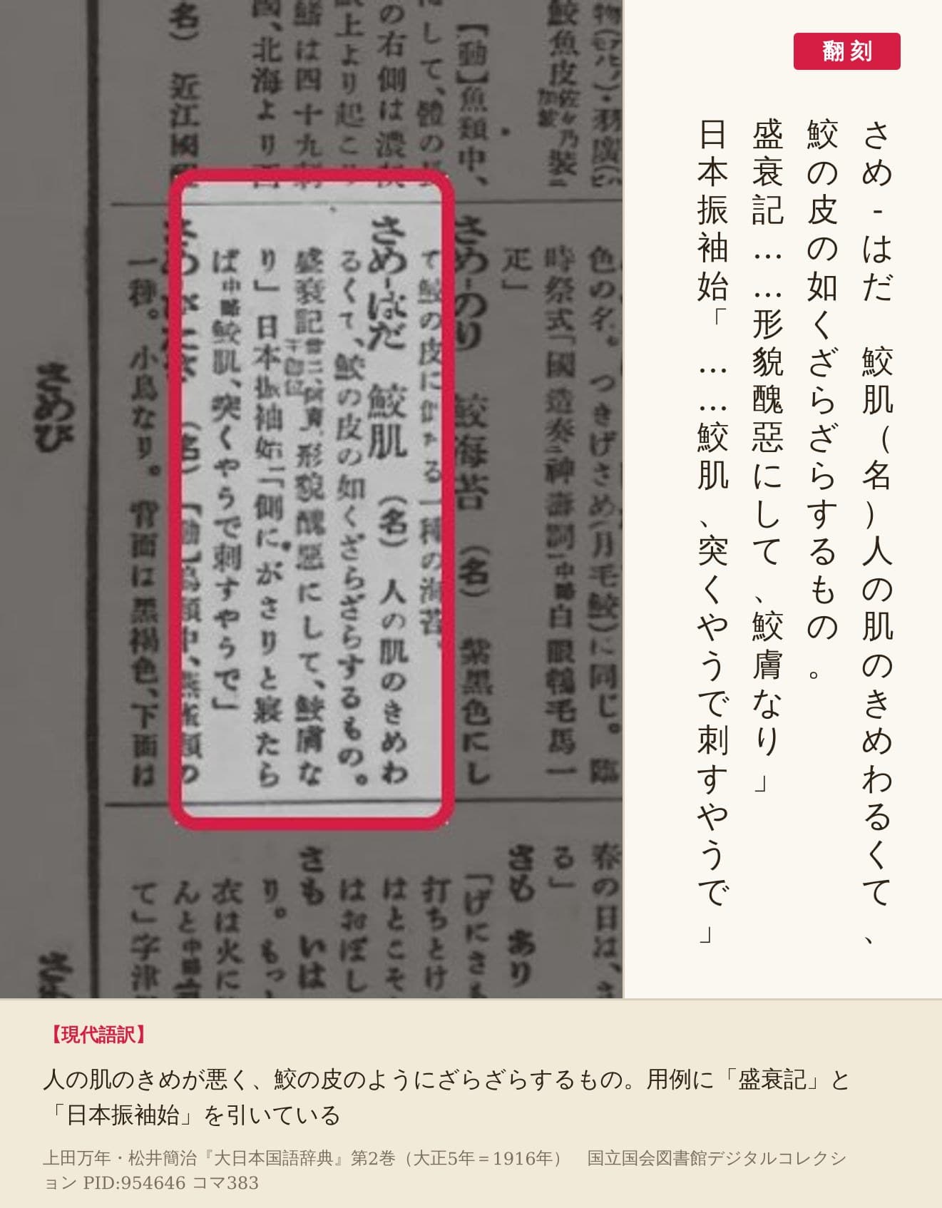 『大日本国語辞典』第2巻コマ383の「さめ-はだ　鮫肌」の項と翻刻
