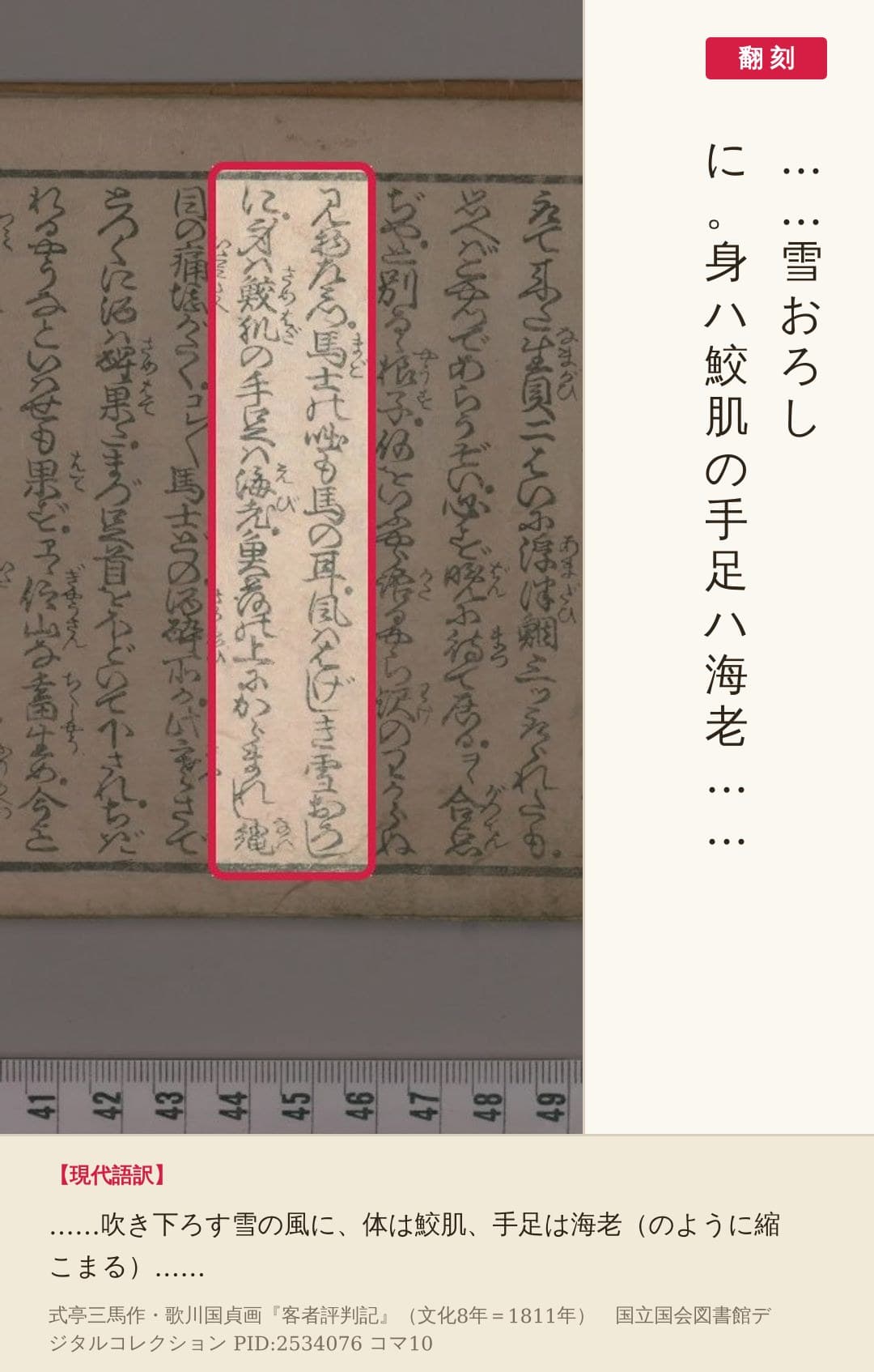 『客者評判記』コマ10の「雪おろしに。身ハ鮫肌の手足ハ海老」の2列と翻刻