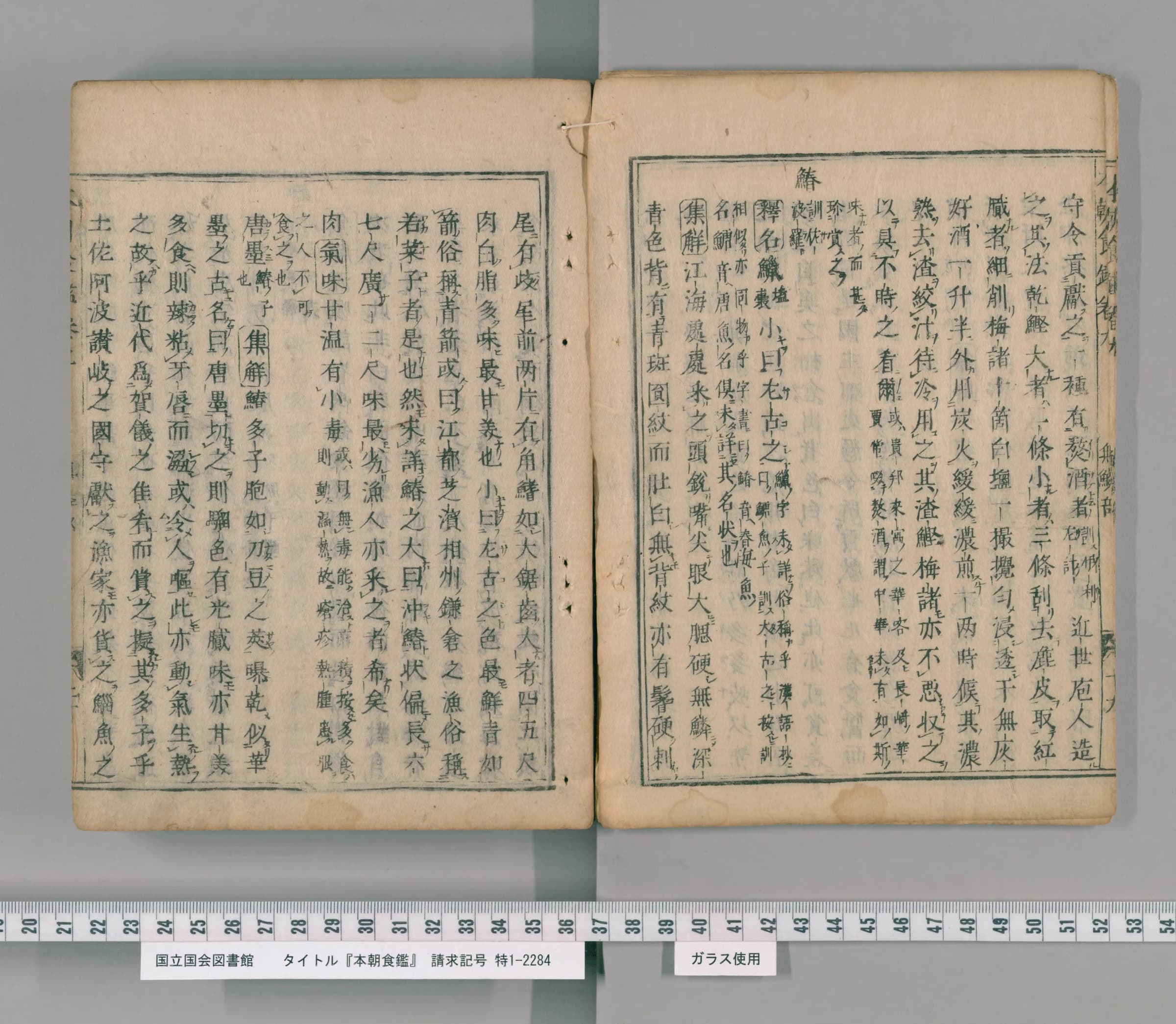 『本朝食鑑』の見開き。右ページの中ほどに見出し「鰆」、左ページに大小の名前を書いた列が並ぶ