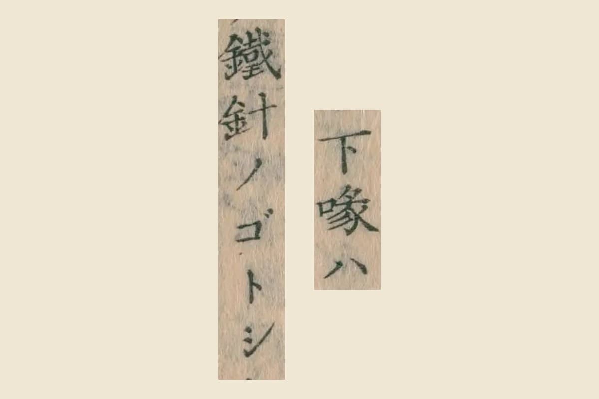 『重訂本草綱目啓蒙』コマ26の「下喙ハ」と「鐵針ノゴトシ」の大写し