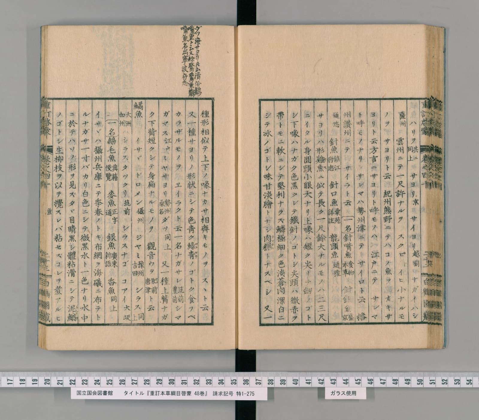 『重訂本草綱目啓蒙』巻之四十コマ26の見開き。右ページに鱵魚の項の続き