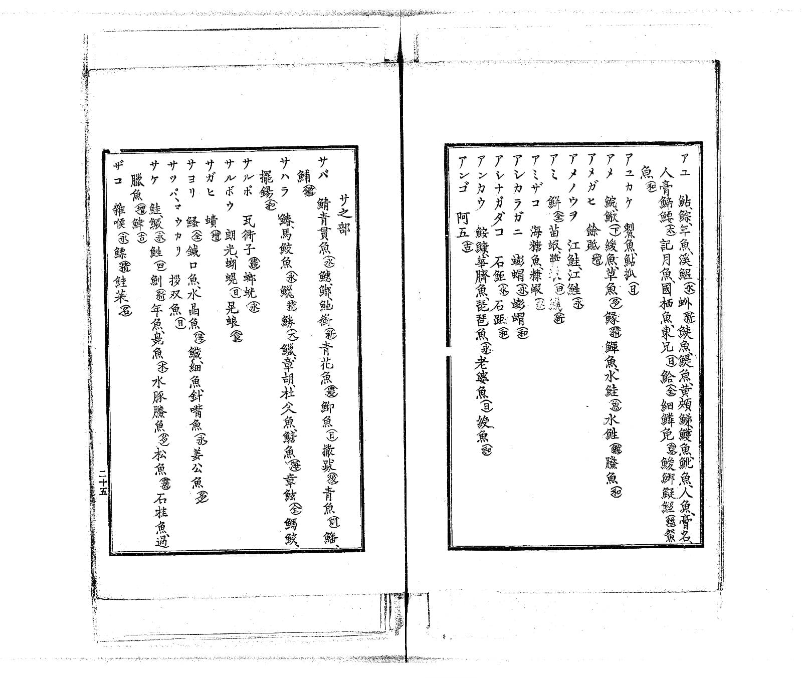 『水産俗字集』コマ25の見開き。左ページの「サ之部」に「サヨリ」の項