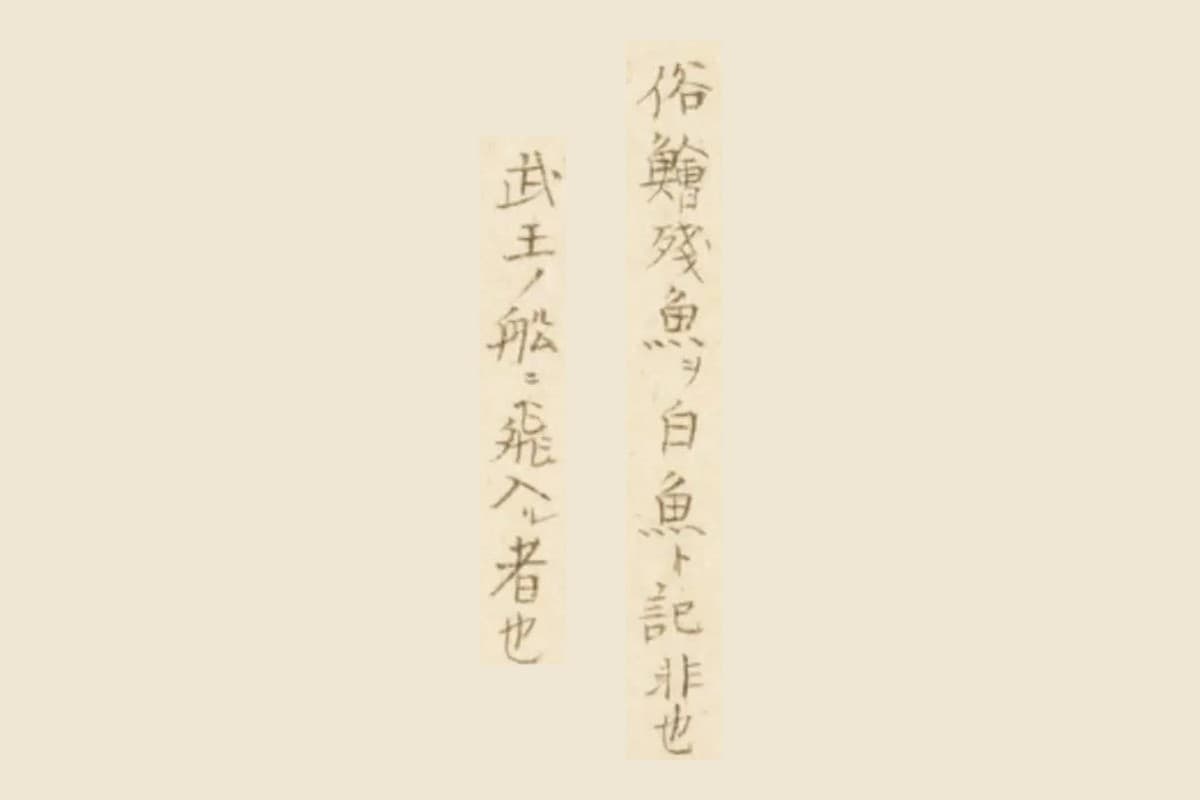 『梅園魚品図正』1帖コマ18の書き入れ「俗鱠殘魚ヲ白魚ト記非也」「武王ノ船ニ飛入ル者也」の大写し