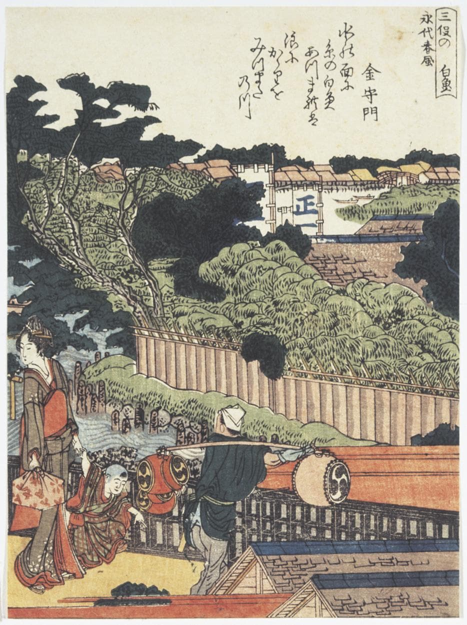 葛飾北斎『絵本隅田川両岸一覧』より「三俣の白魚　永代春風」