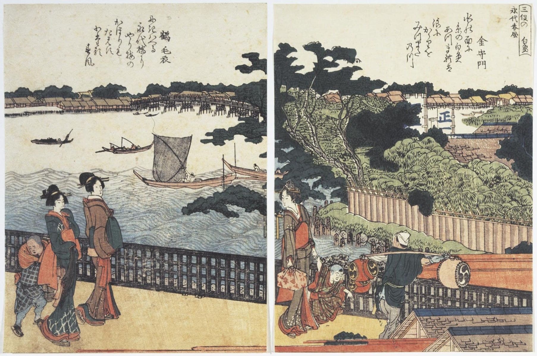 葛飾北斎『絵本隅田川両岸一覧』より「三俣の白魚　永代春風」の見開き