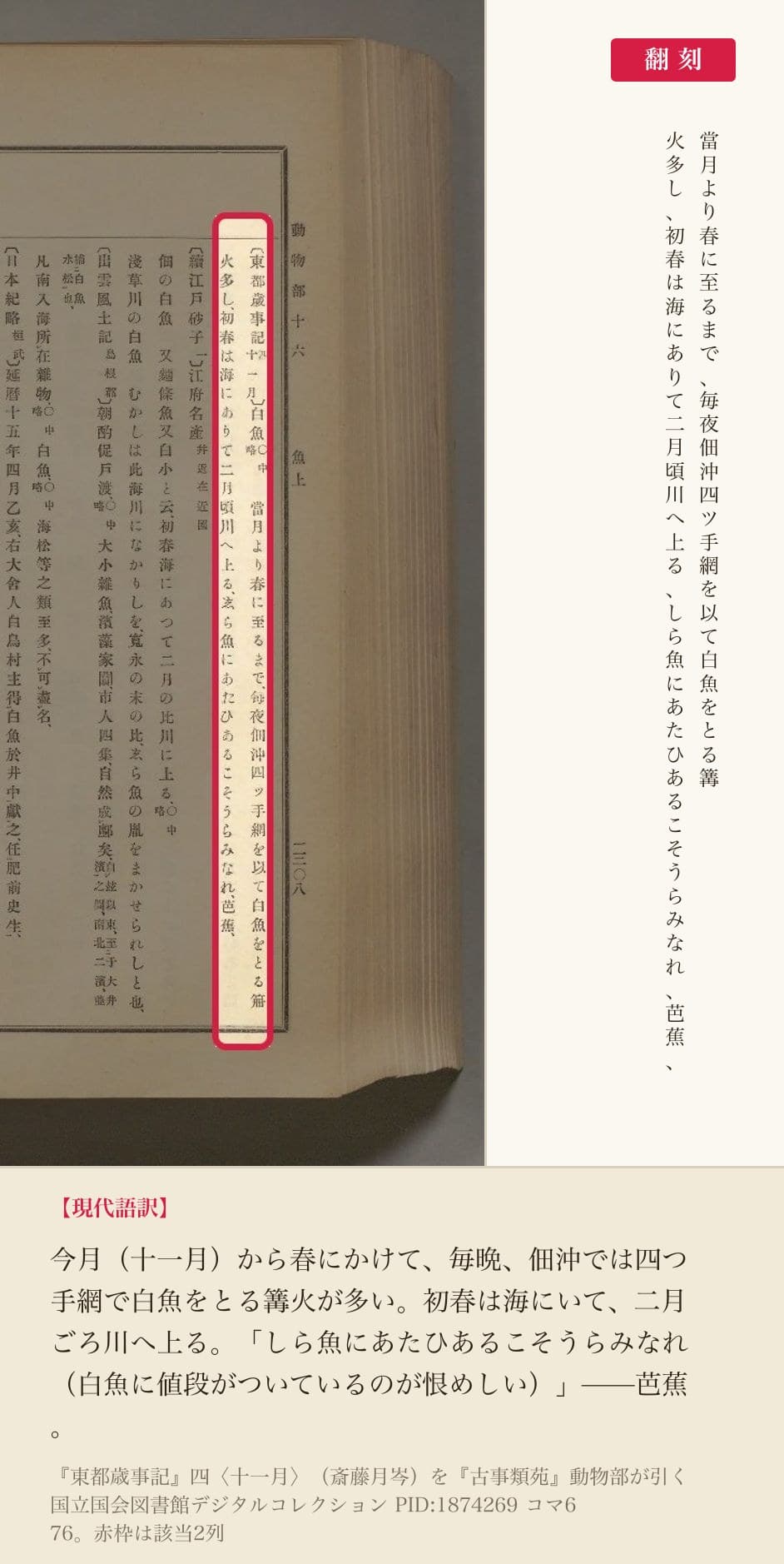 『古事類苑』動物部が引く『東都歳事記』十一月「白魚」の該当2列と翻刻
