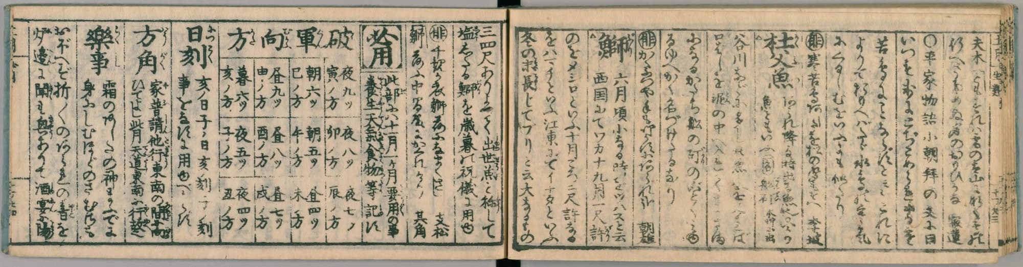 『月令博物筌』十一月之部の見開き。横長の小さな本で、右ページの左寄りに大きく「鰤」の見出しが見える