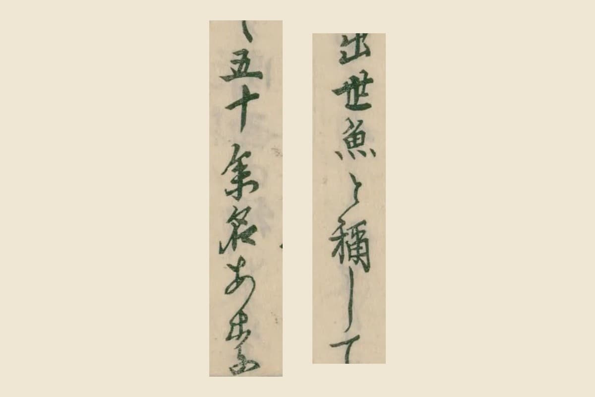 『俳諧多識編』コマ39の「出世魚と稱して」「五十余名あり」の大写し