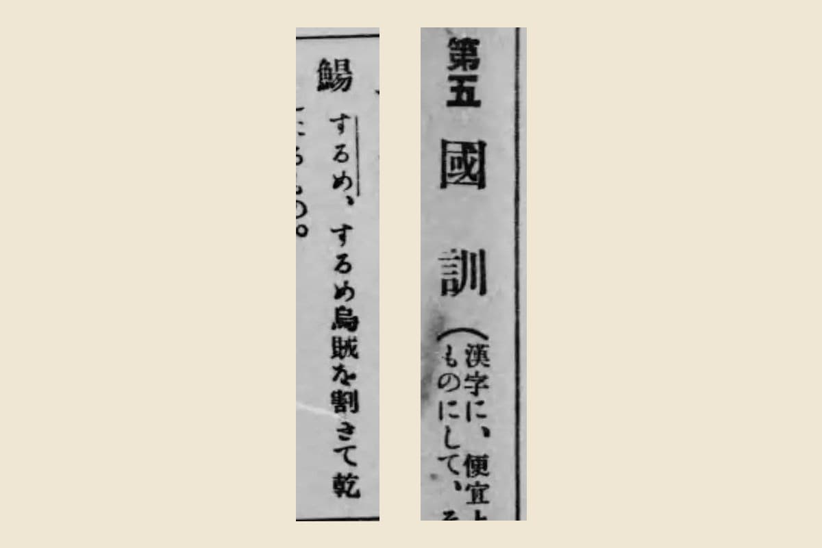 『誤り易き漢字の読み方と正しき用字法』の章の見出し「第五 國訓」と、コマ47の「鯣 するめ、するめ烏賊を割きて乾」の大写し