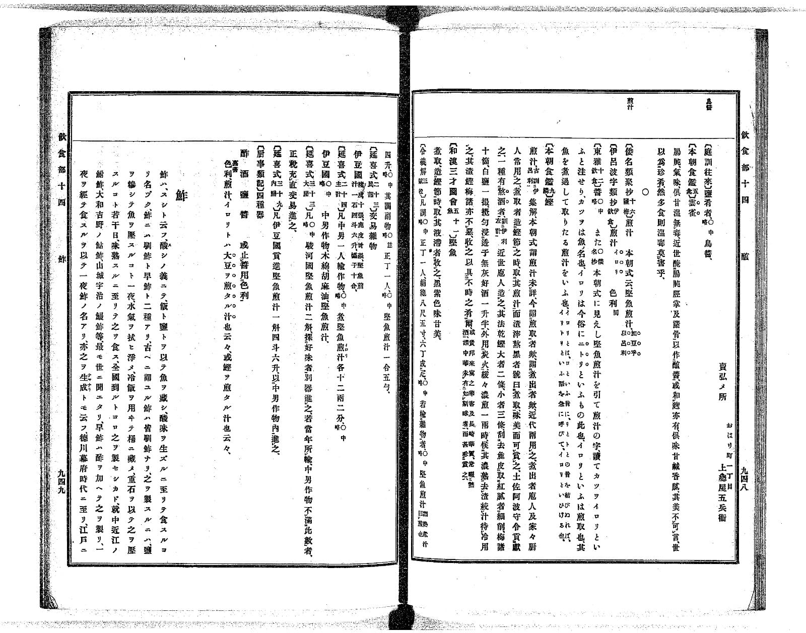 『古事類苑』飲食部コマ54の見開き。左ページのなかほどに見出し「鮓」