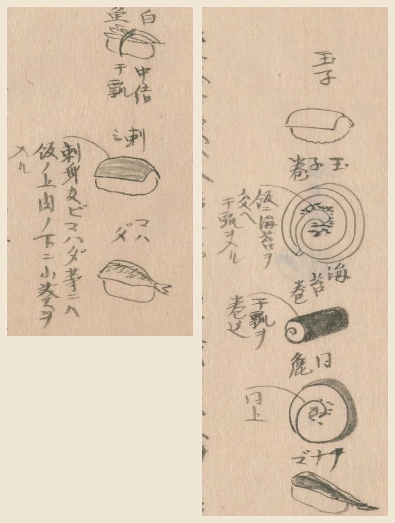 『守貞謾稿』の握りずしの絵の大写し。玉子、玉子巻、海苔巻、アナゴ、白魚、刺身、コハダ