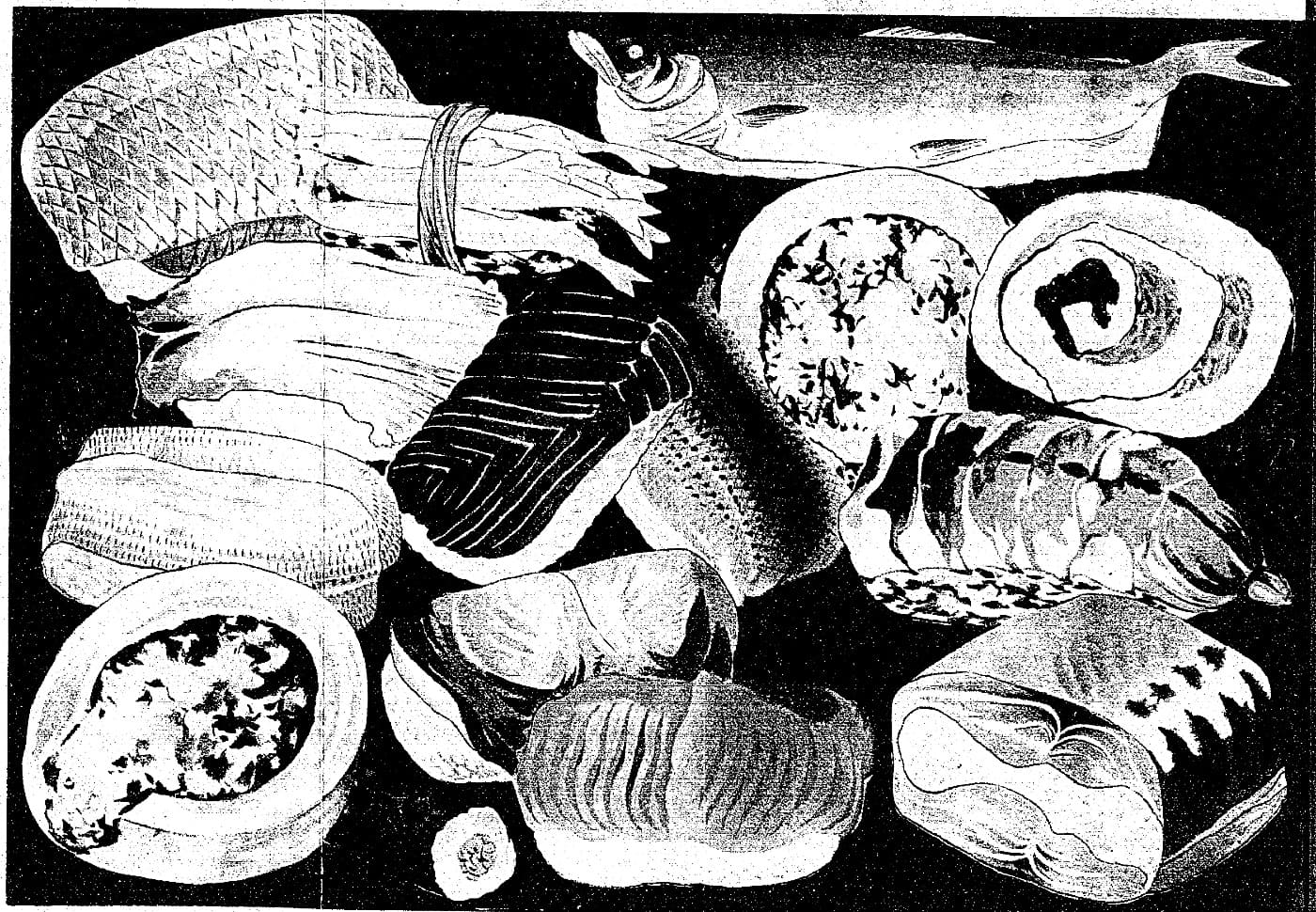 『家庭 鮓のつけかた』の巻頭の図。頭と尾のついた魚のすし、海老のすし、渦を巻いた巻きずしなどの盛り合わせ