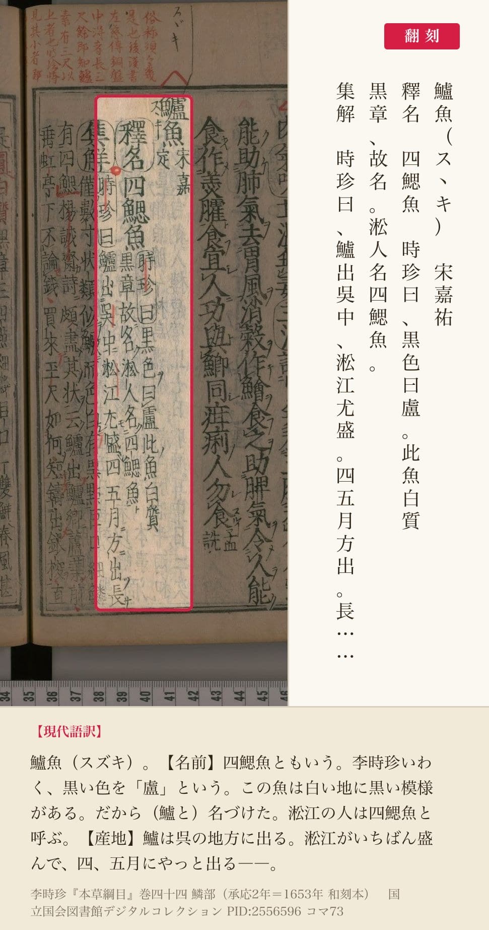 『本草綱目』巻四十四コマ73の鱸魚の見出しと釈名・集解の翻刻